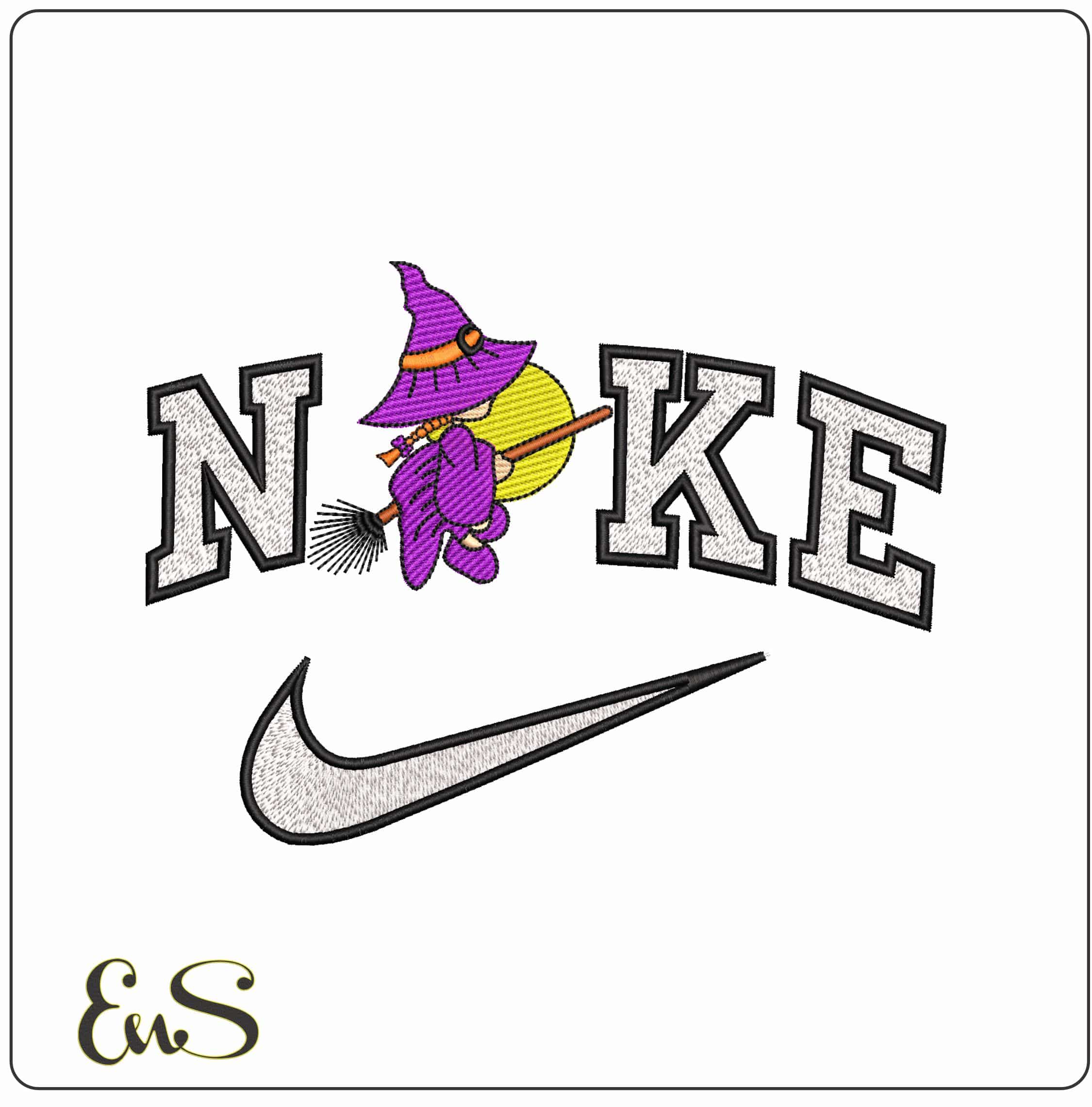 Nike Witch on Broom with Moon - Elegant embroidery design file - instant download