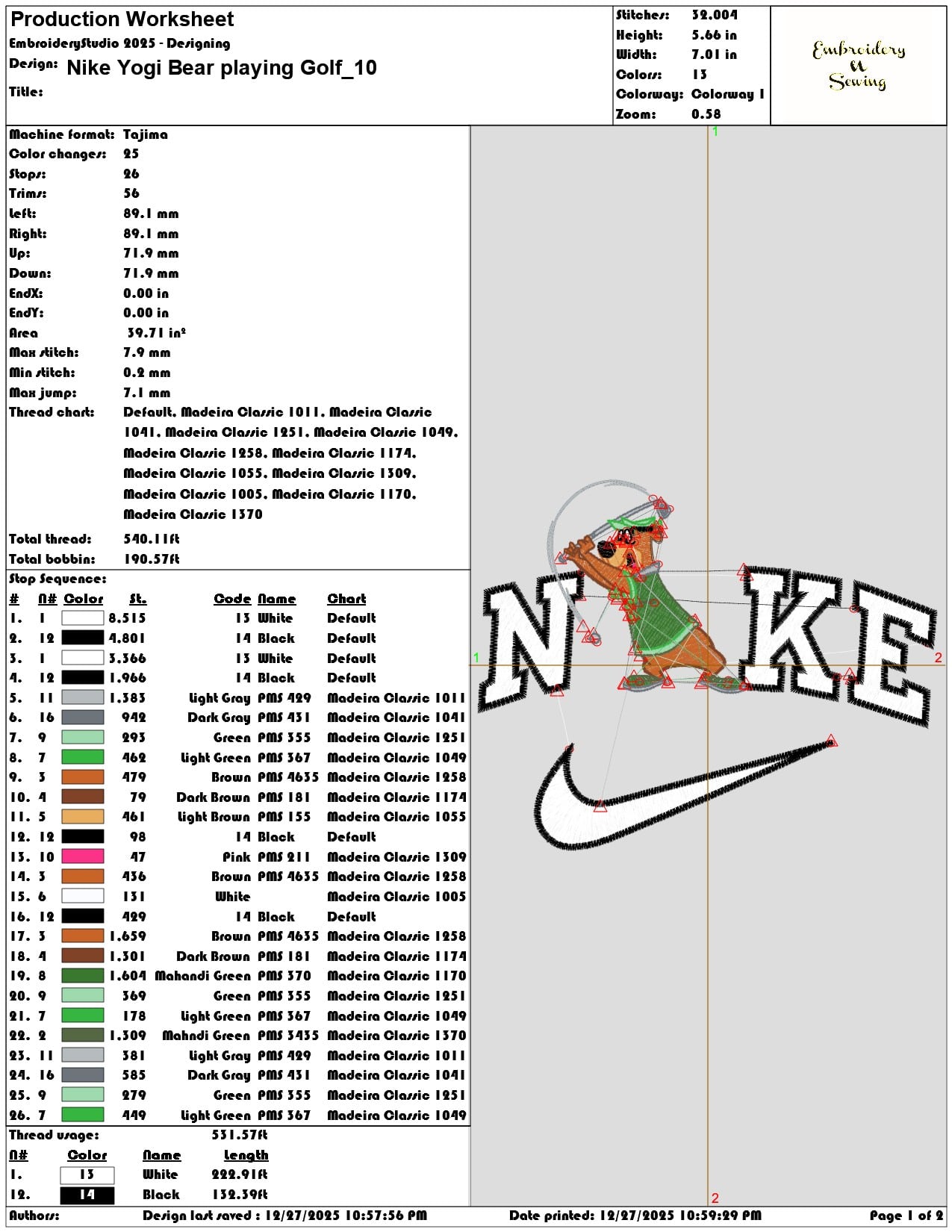 Nike Yogi Bear playing Golf - Elegant embroidery design file - instant download — view 3