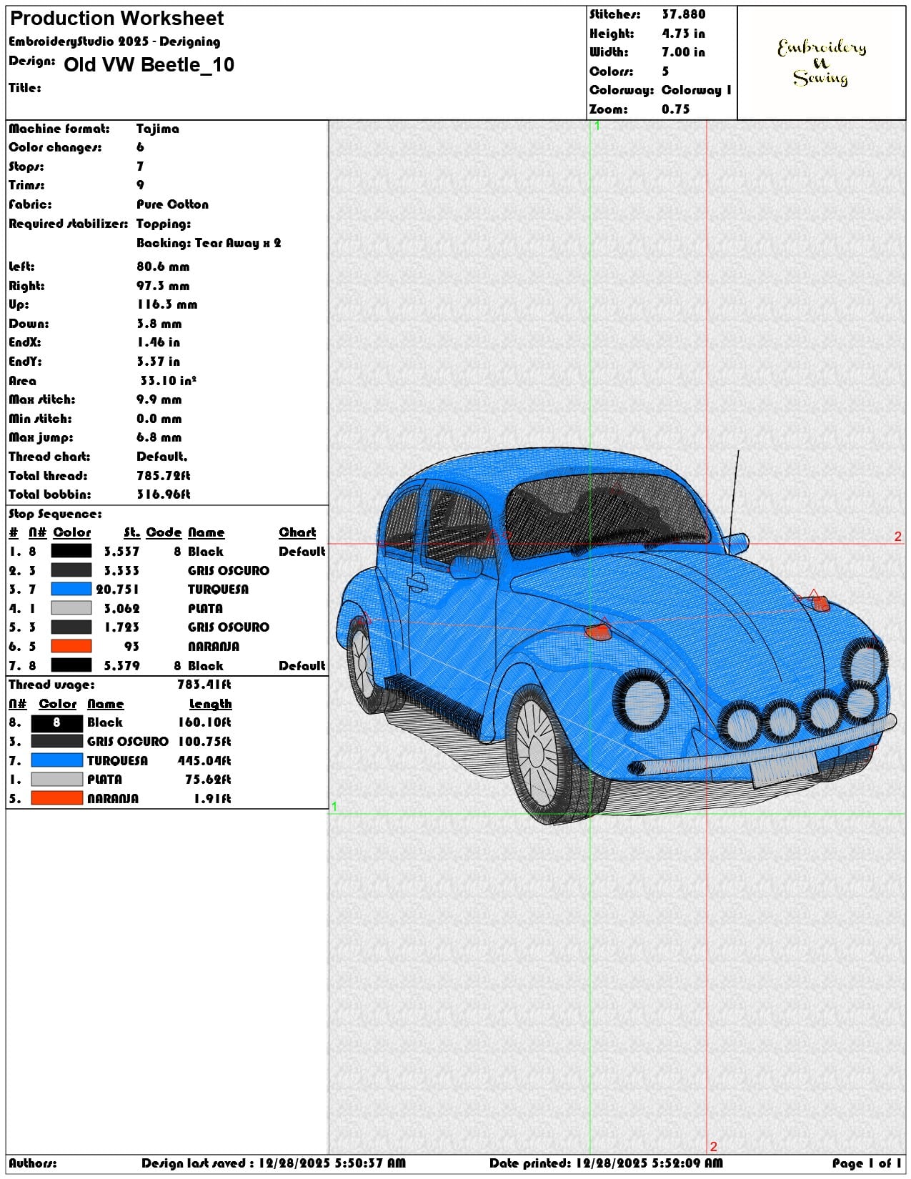 Old VW Beetle - Elegant embroidery design file - instant download — view 3
