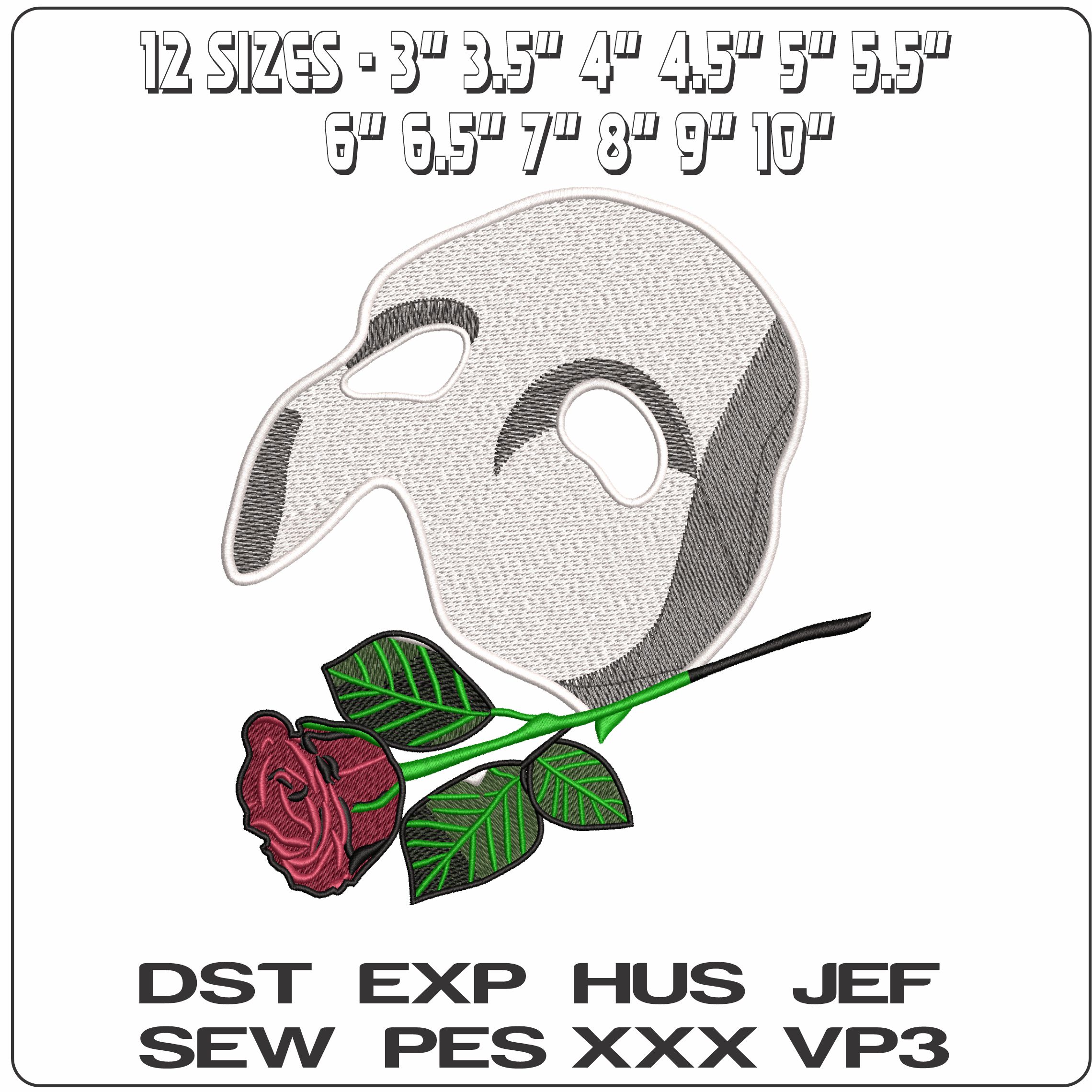 Phantom of the Opera Mask and Rose   - Elegant embroidery design file - instant download — view 2