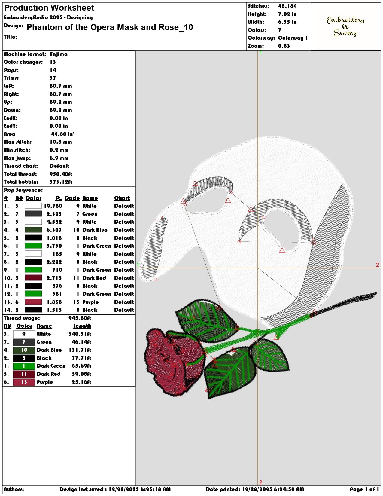 Phantom of the Opera Mask and Rose   - Elegant embroidery design file - instant download — view 3