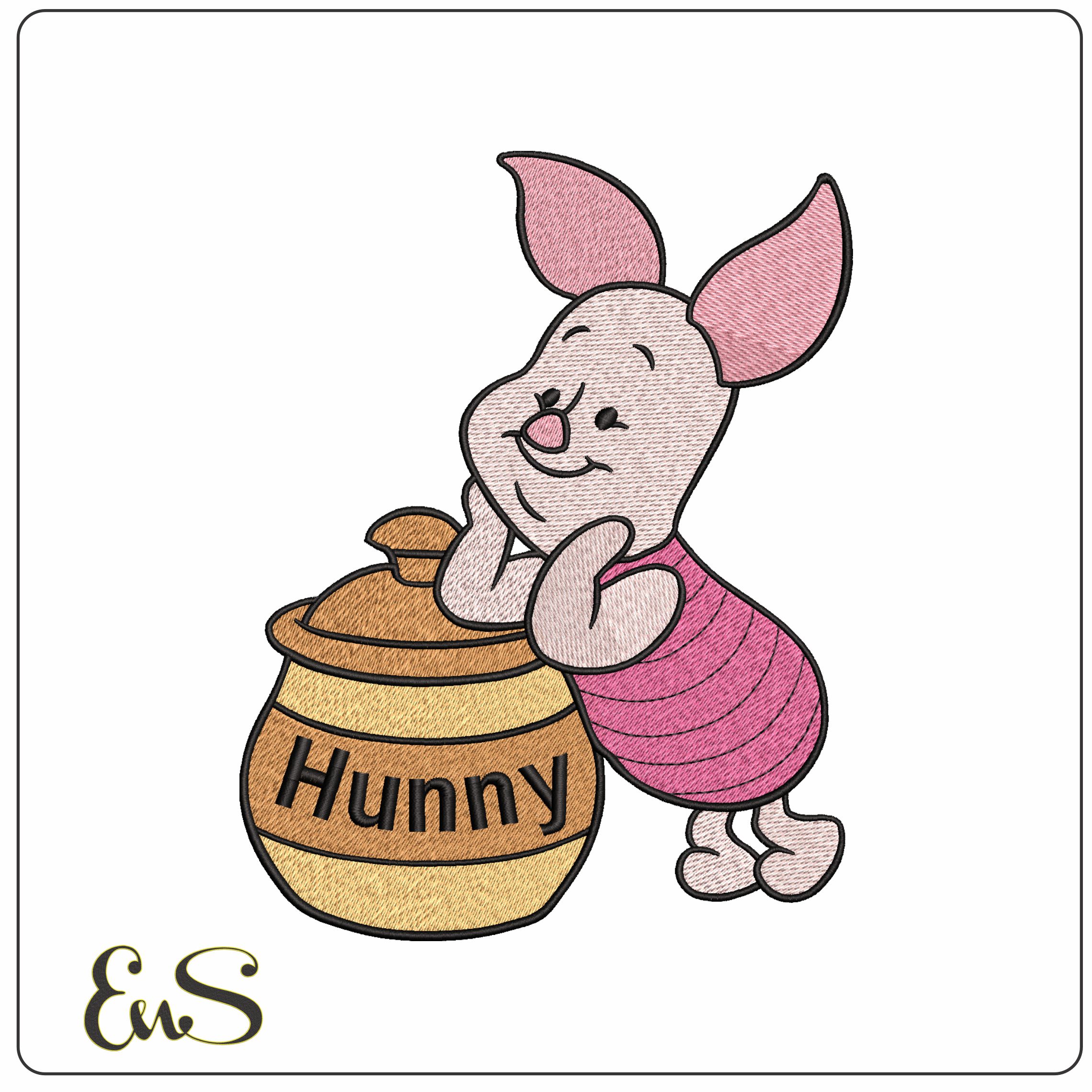 Piglet leaning on Poohs Hunny   - Elegant embroidery design file - instant download