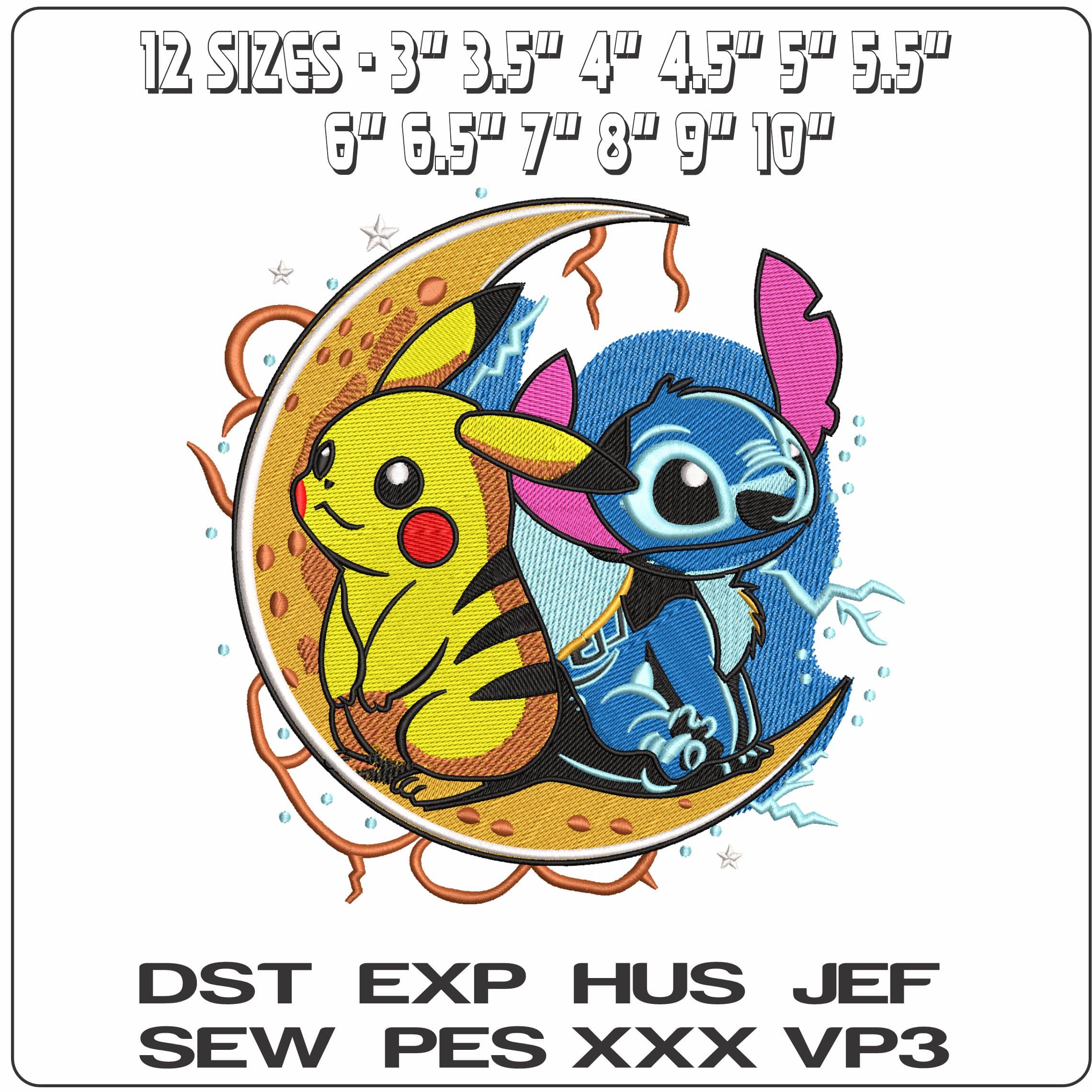 Pikachu and Stitch In Moon   - Elegant embroidery design file - instant download — view 2