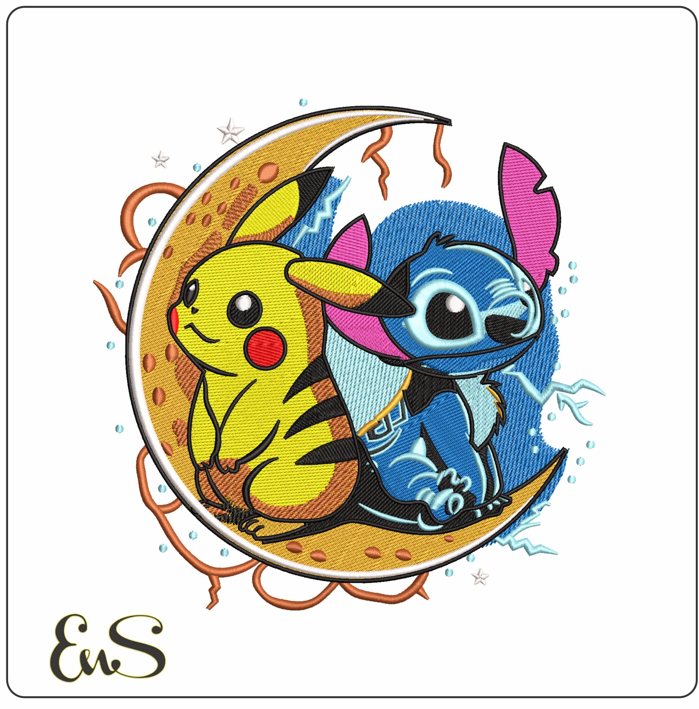 Pikachu and Stitch In Moon   - Elegant embroidery design file - instant download