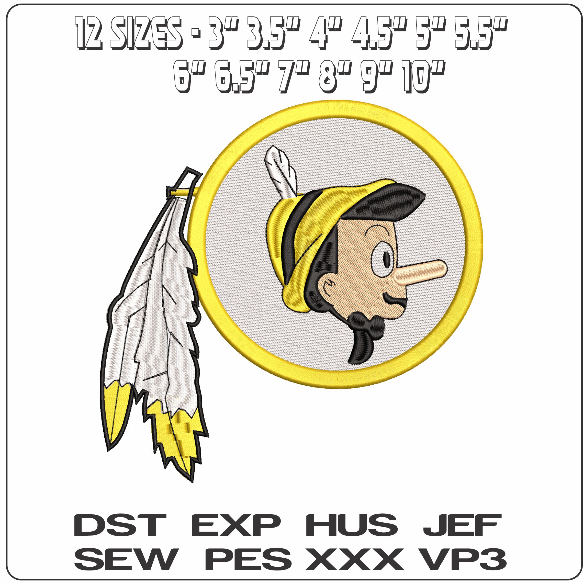 Pinocchio Washington Redskins  - Elegant embroidery design file - instant download — view 2