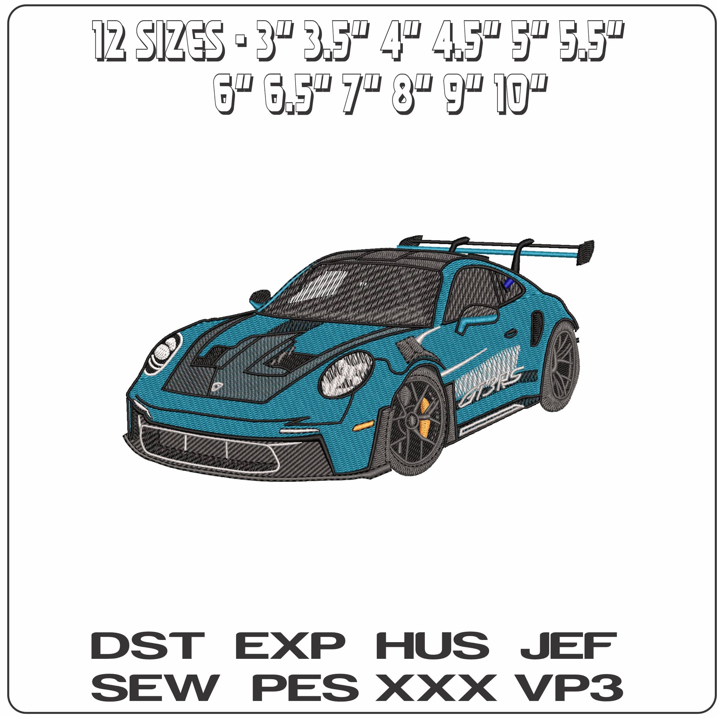 Porsche GT3RS 911 blue  - Elegant embroidery design file - instant download — view 2