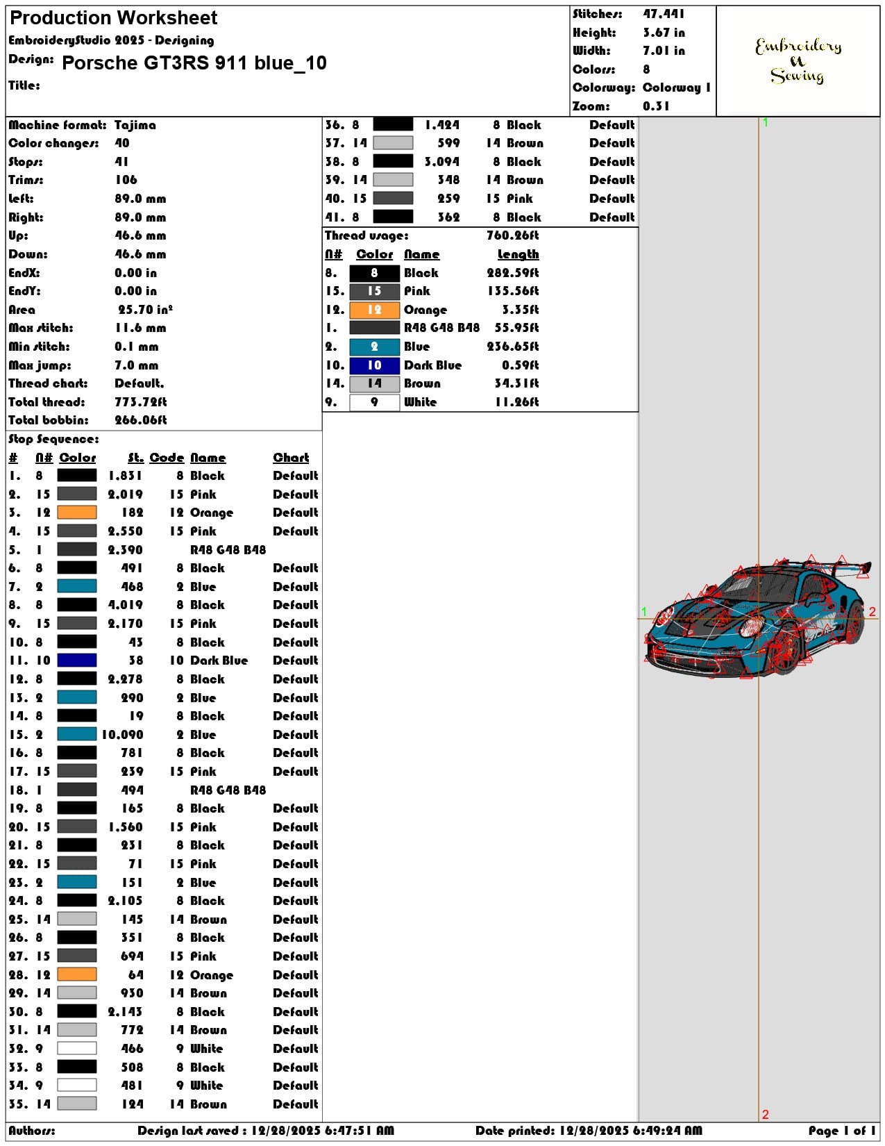 Porsche GT3RS 911 blue  - Elegant embroidery design file - instant download — view 3