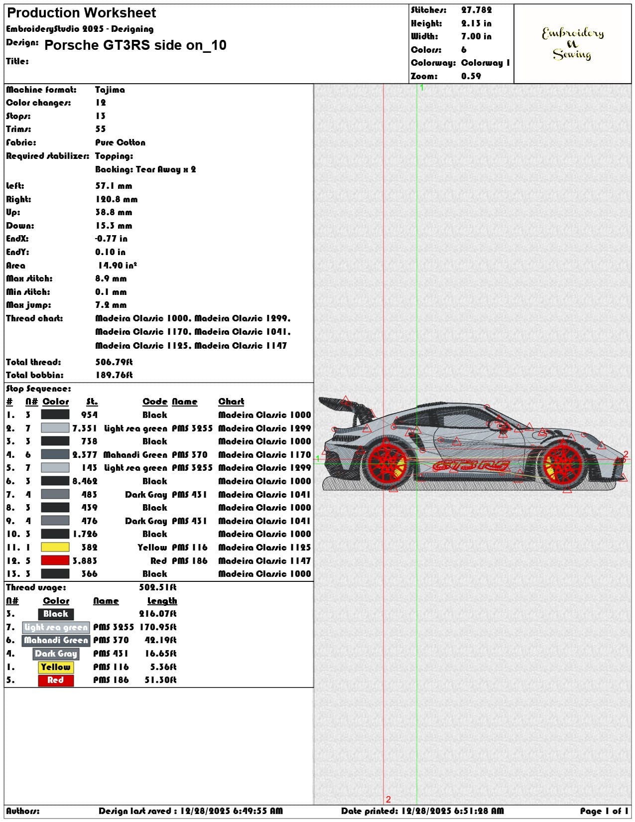 Porsche GT3RS side on  - Elegant embroidery design file - instant download — view 3