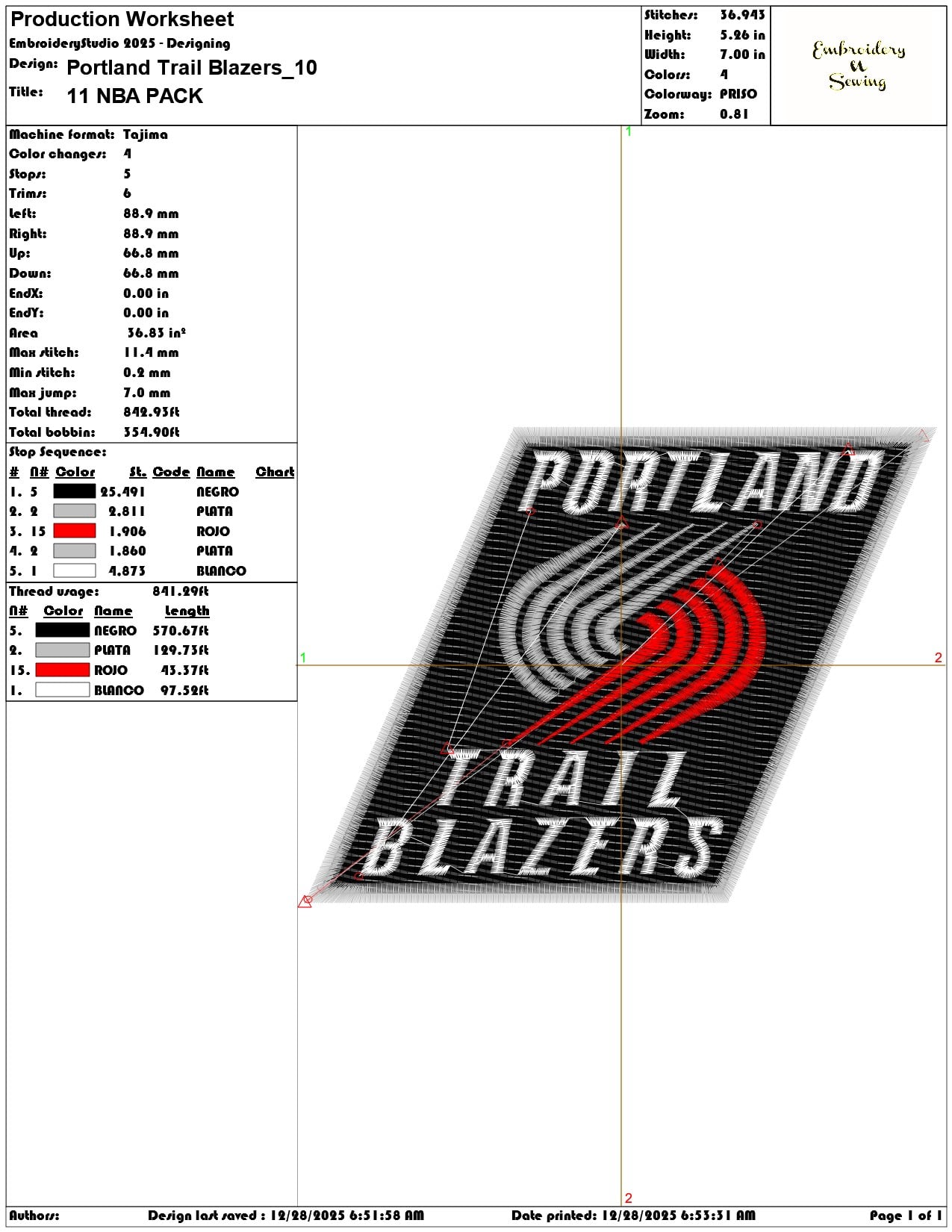 Portland Trail Blazers  - Elegant embroidery design file - instant download — view 3