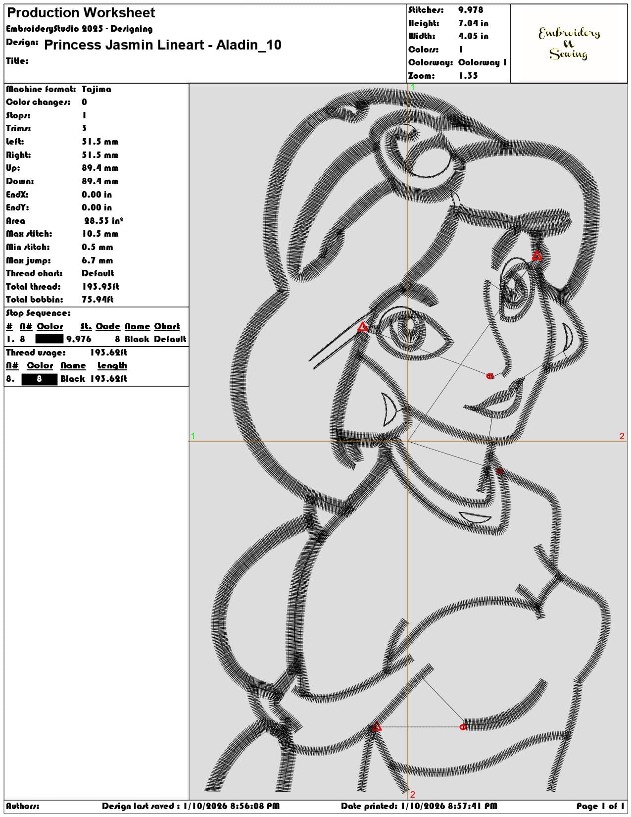 Princess Jasmin Lineart Aladin  - Elegant embroidery design file - instant download — view 3