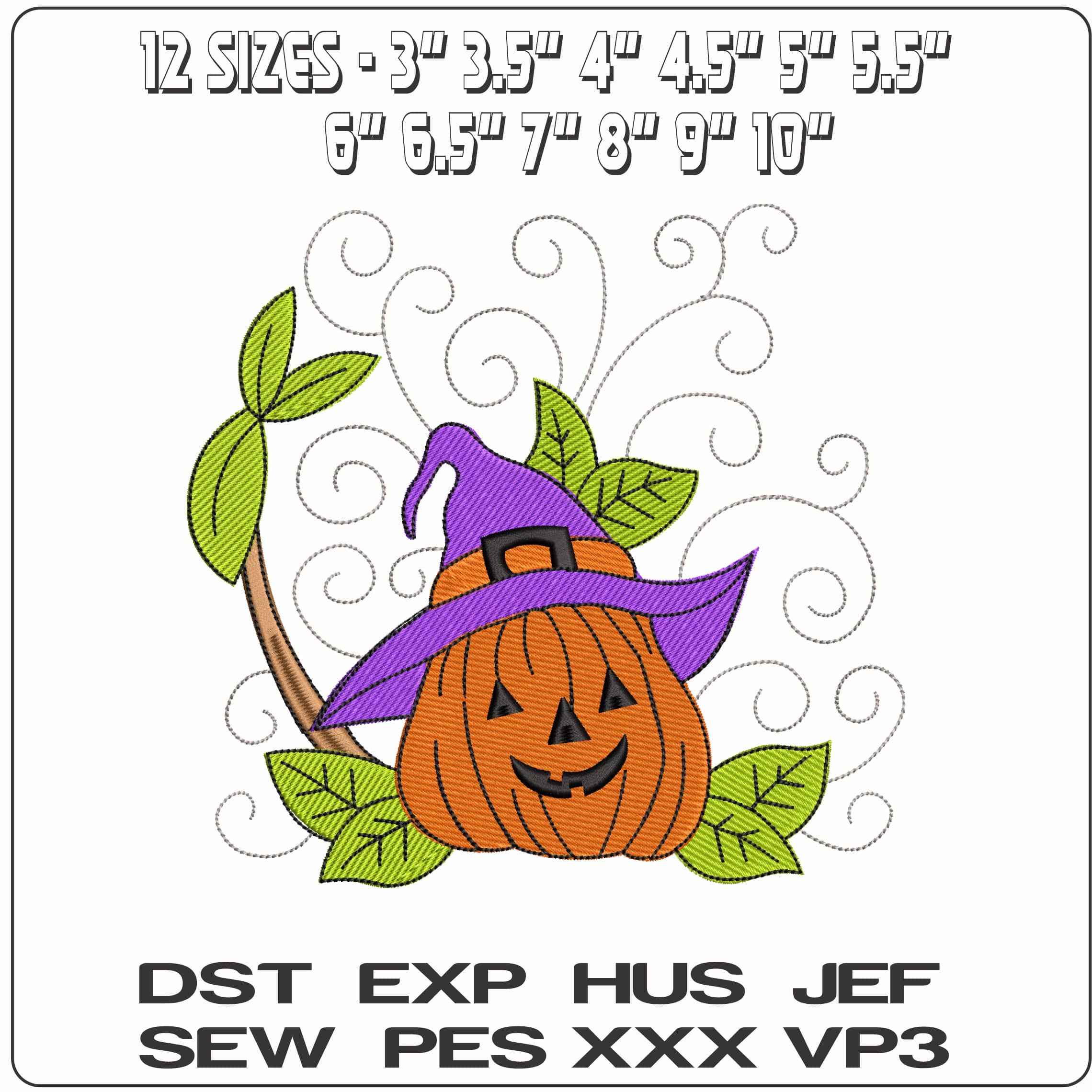 Pumpkin with witches hat  - Elegant embroidery design file - instant download — view 2