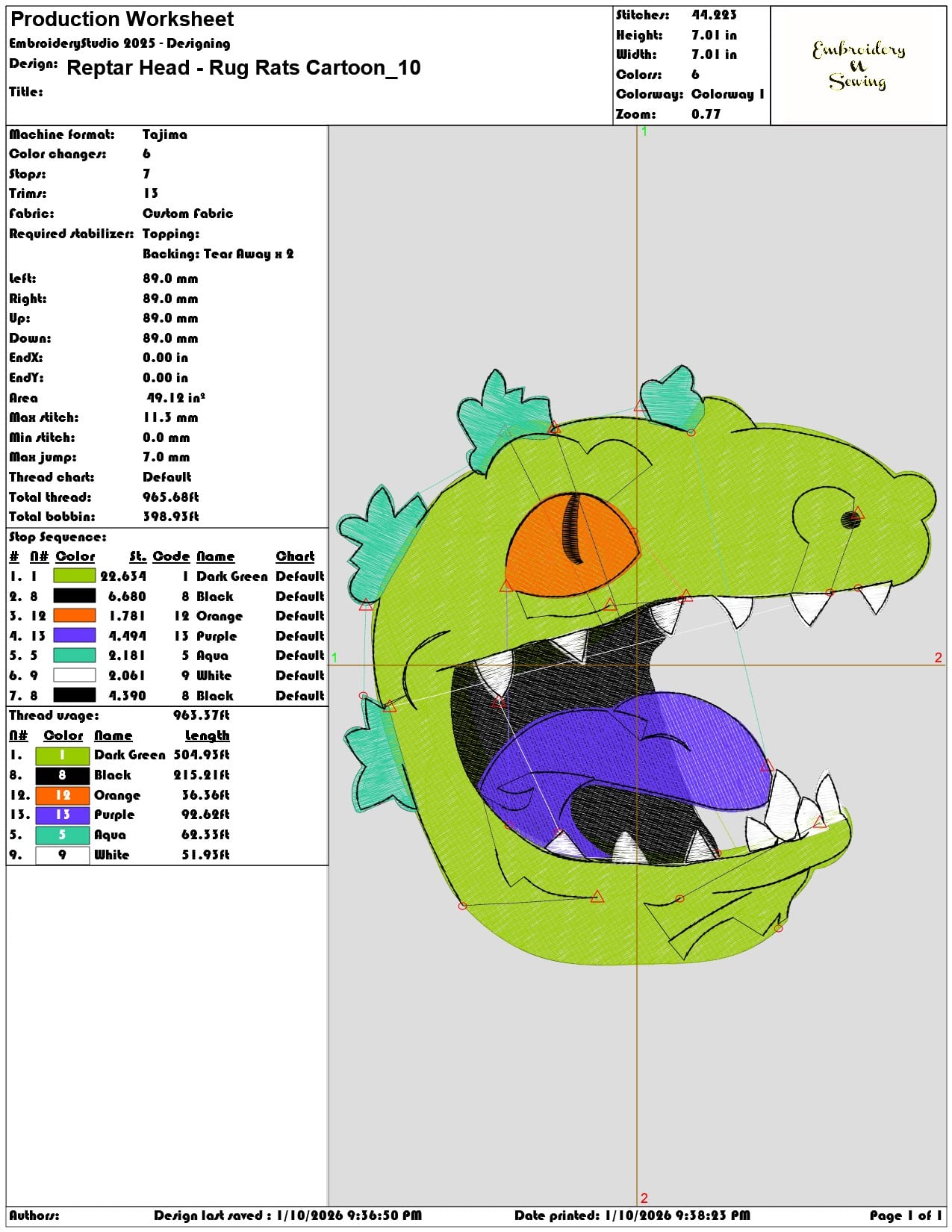 Reptar Head Rug Rats Cartoon  - Elegant embroidery design file - instant download — view 3
