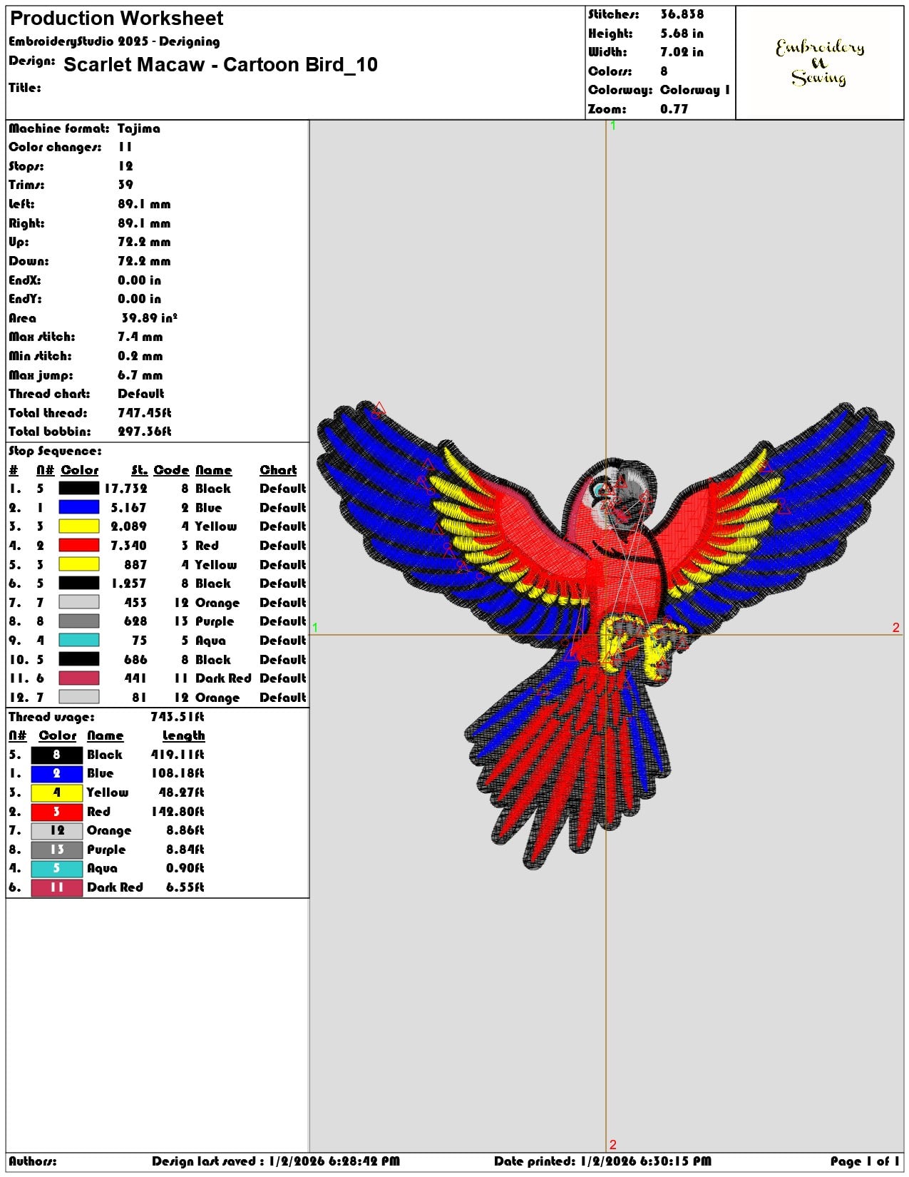 Scarlet Macaw Cartoon Bird   - Elegant embroidery design file - instant download — view 3