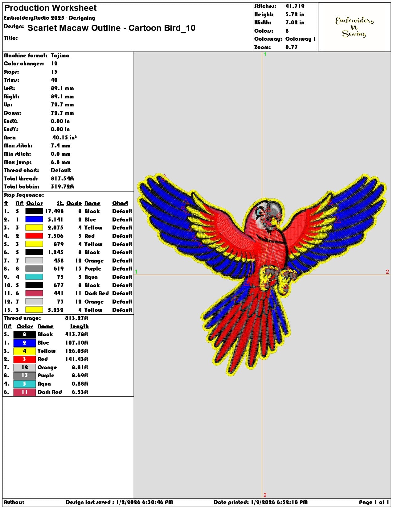 Scarlet Macaw Outline Cartoon Bird   - Elegant embroidery design file - instant download — view 3