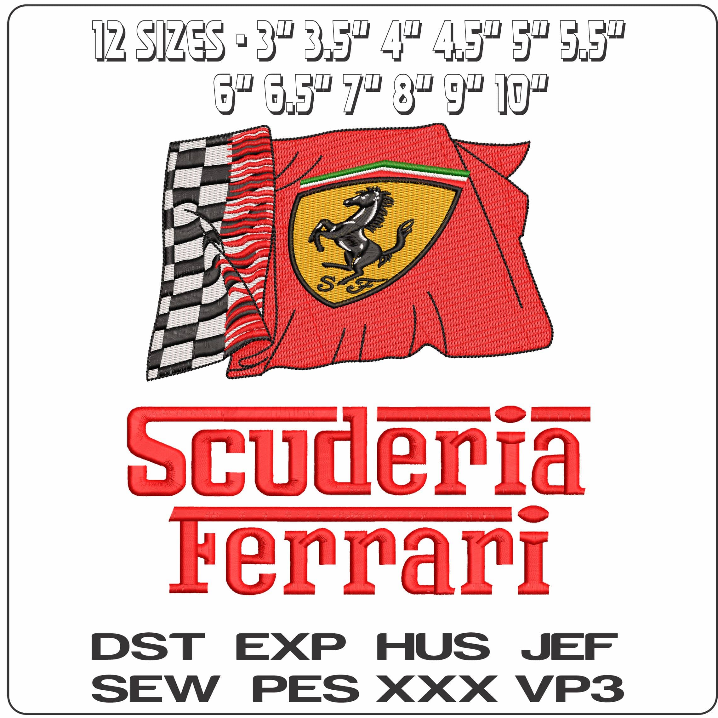 Scuderia Ferrari and Flag - Elegant embroidery design file - instant download — view 2