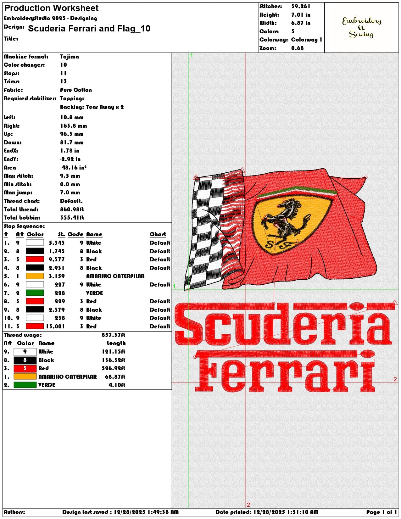 Scuderia Ferrari and Flag - Elegant embroidery design file - instant download — view 3