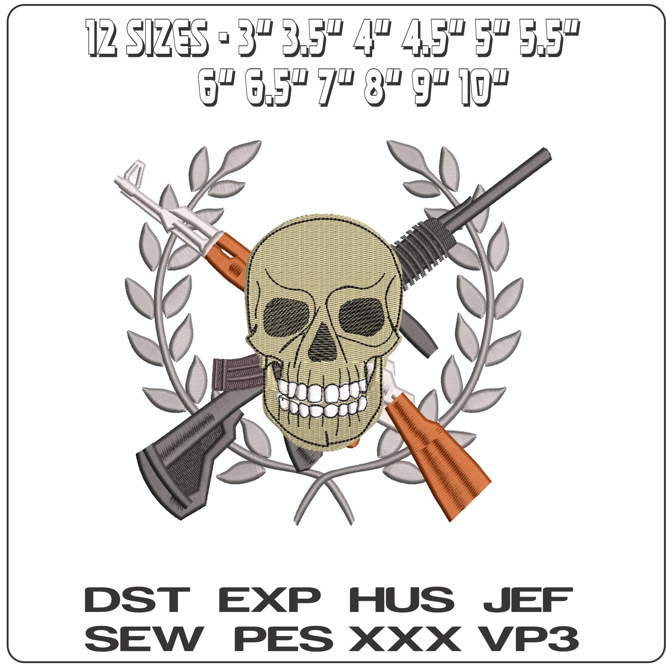 Skull and Guns - Elegant embroidery design file - instant download — view 2