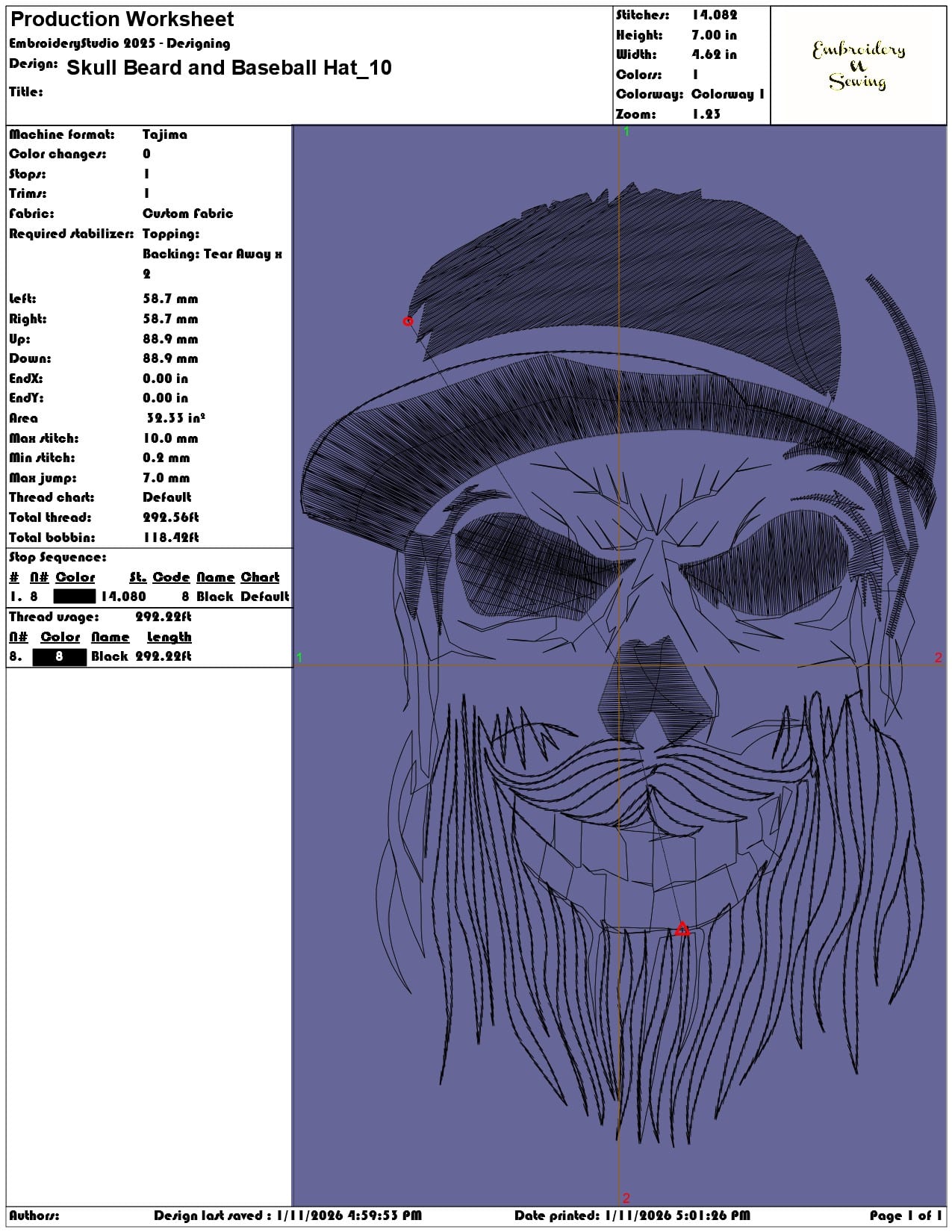 Skull Beard and Baseball Hat - Elegant embroidery design file - instant download — view 3