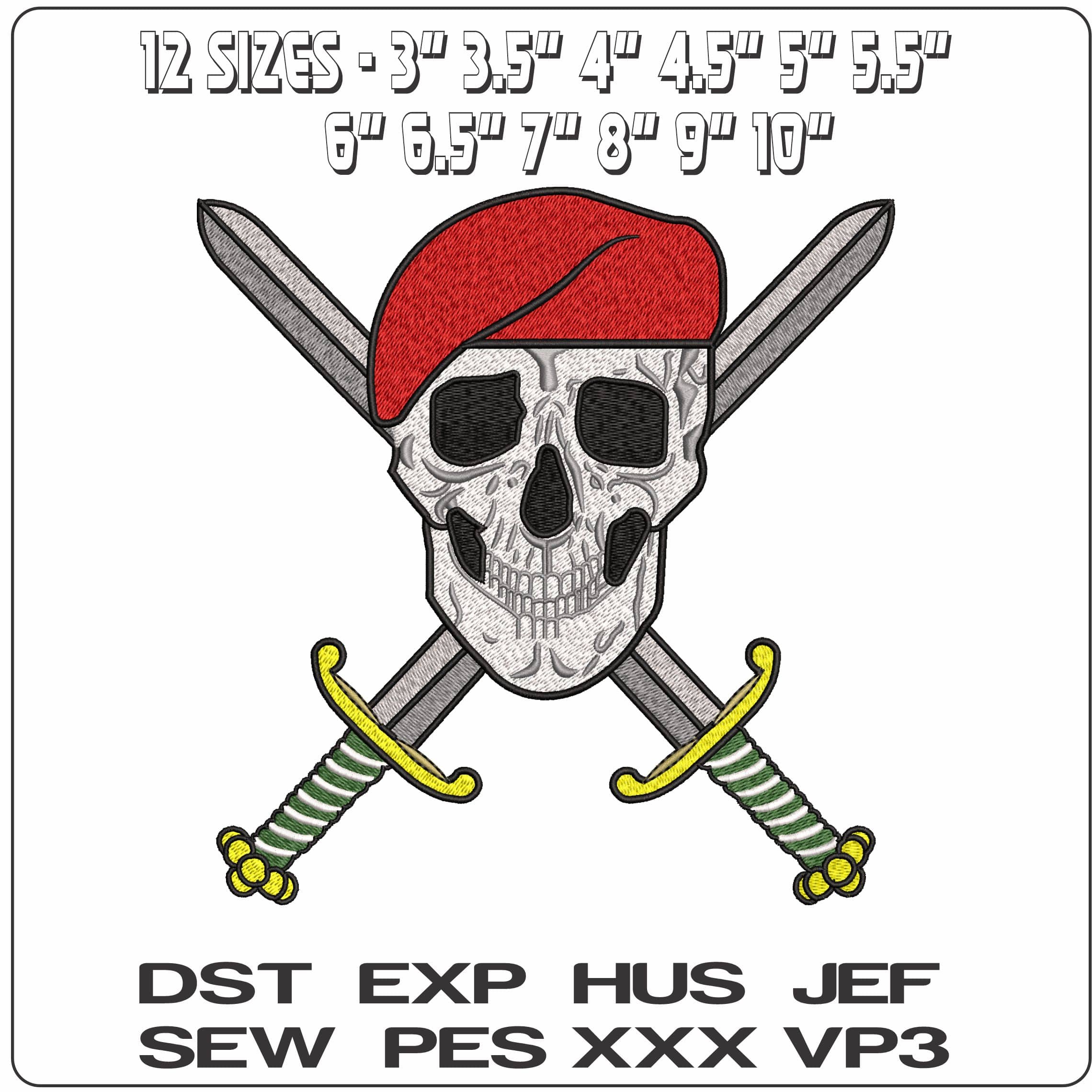 Skull Crossed Swords Red Beret - Elegant embroidery design file - instant download — view 2