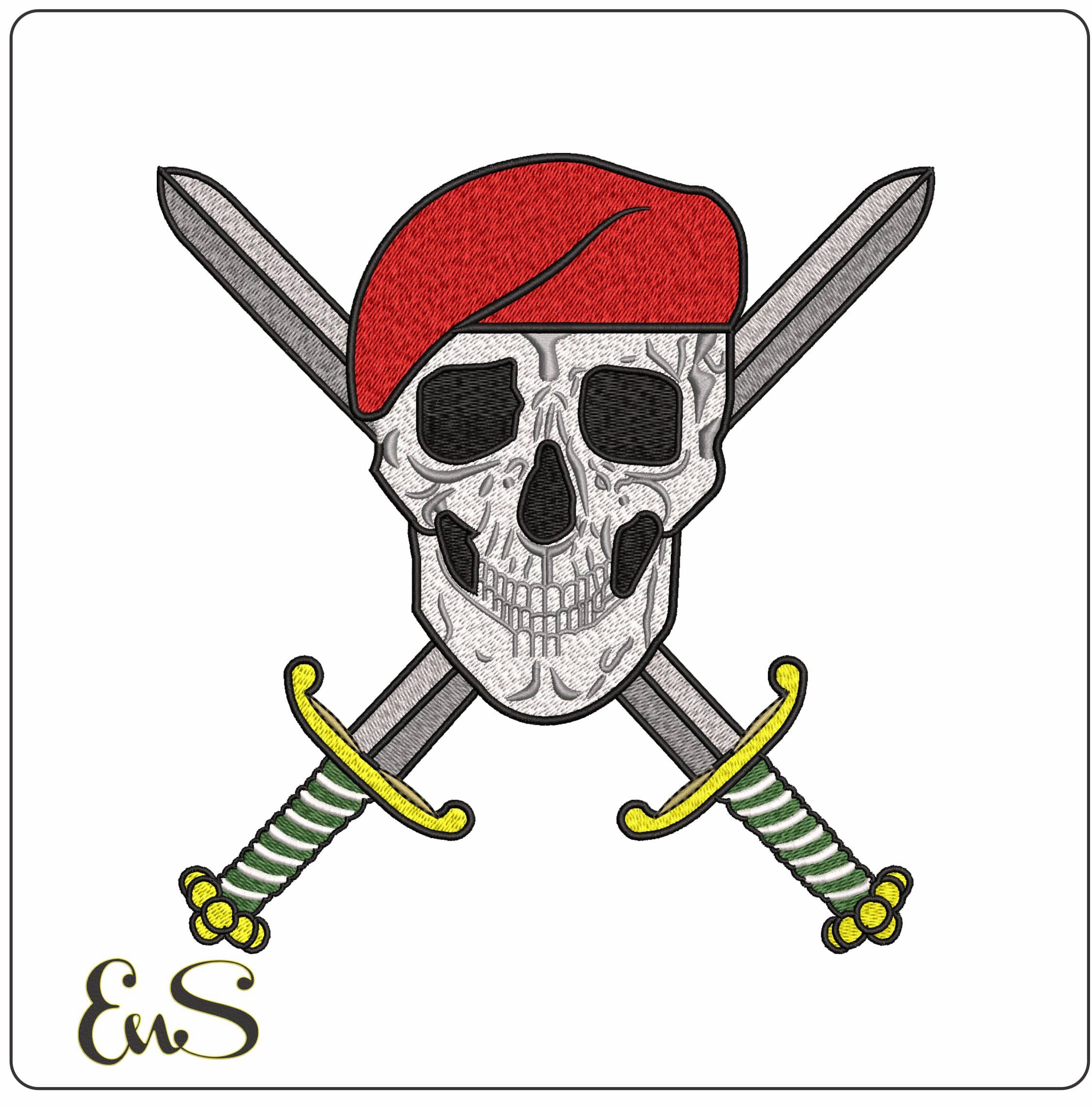 Skull Crossed Swords Red Beret - Elegant embroidery design file - instant download