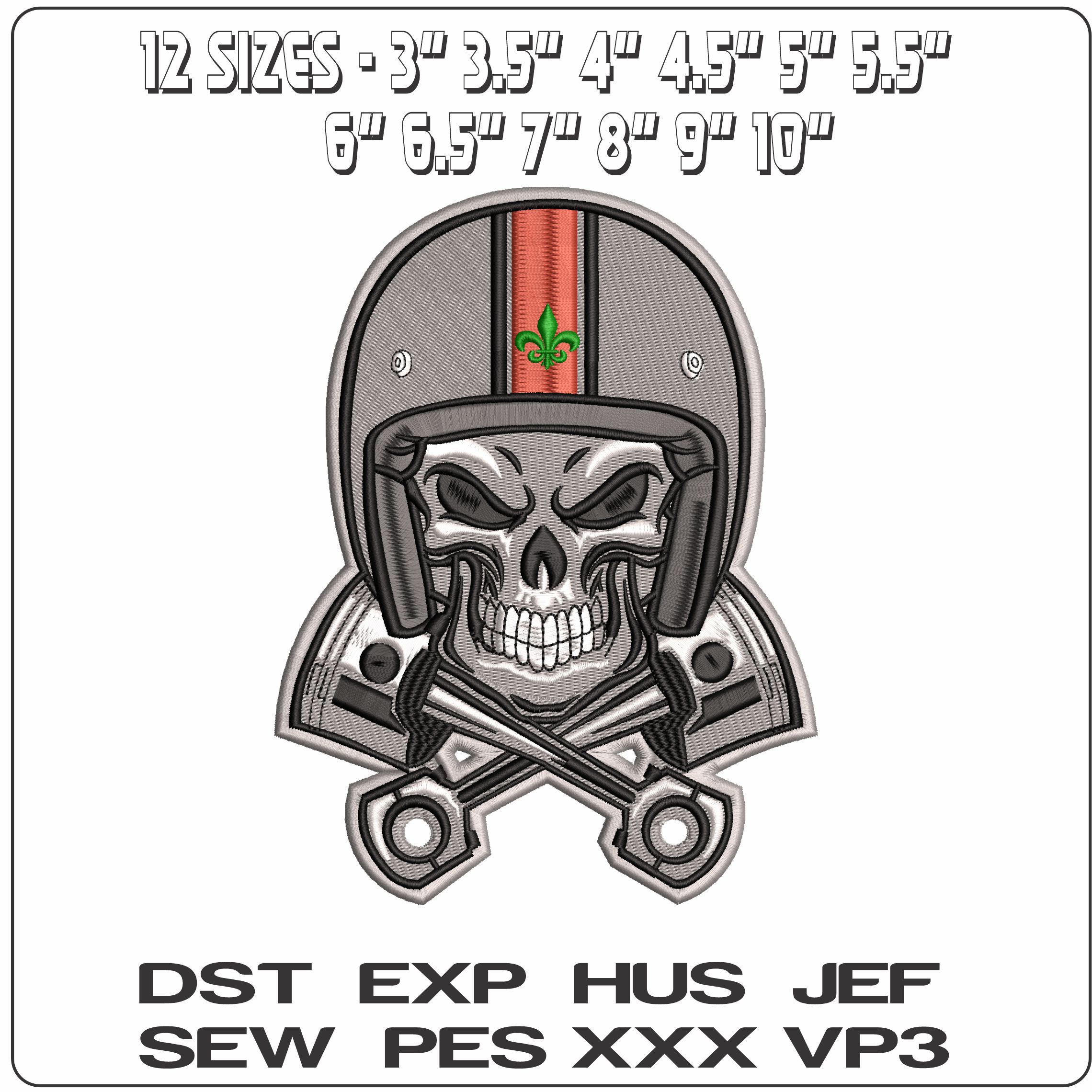 Skull in Crash helmet and Pistons  - Elegant embroidery design file - instant download — view 2