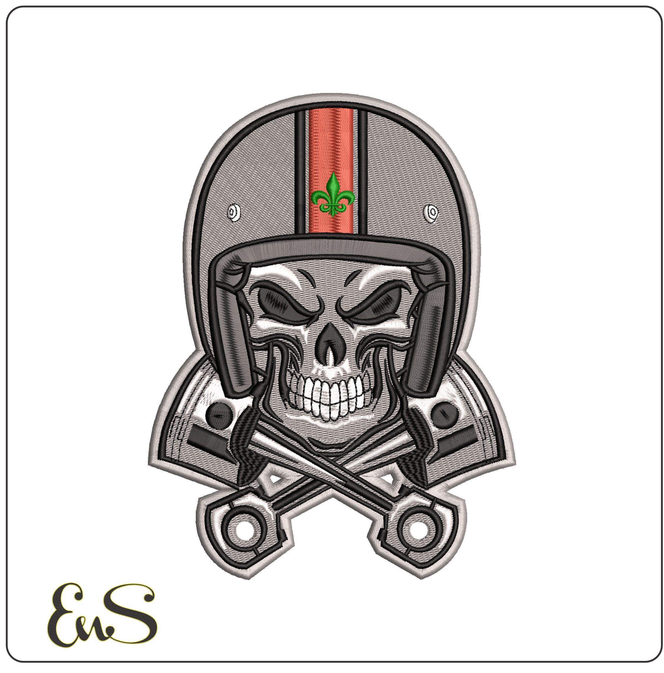 Skull in Crash helmet and Pistons  - Elegant embroidery design file - instant download