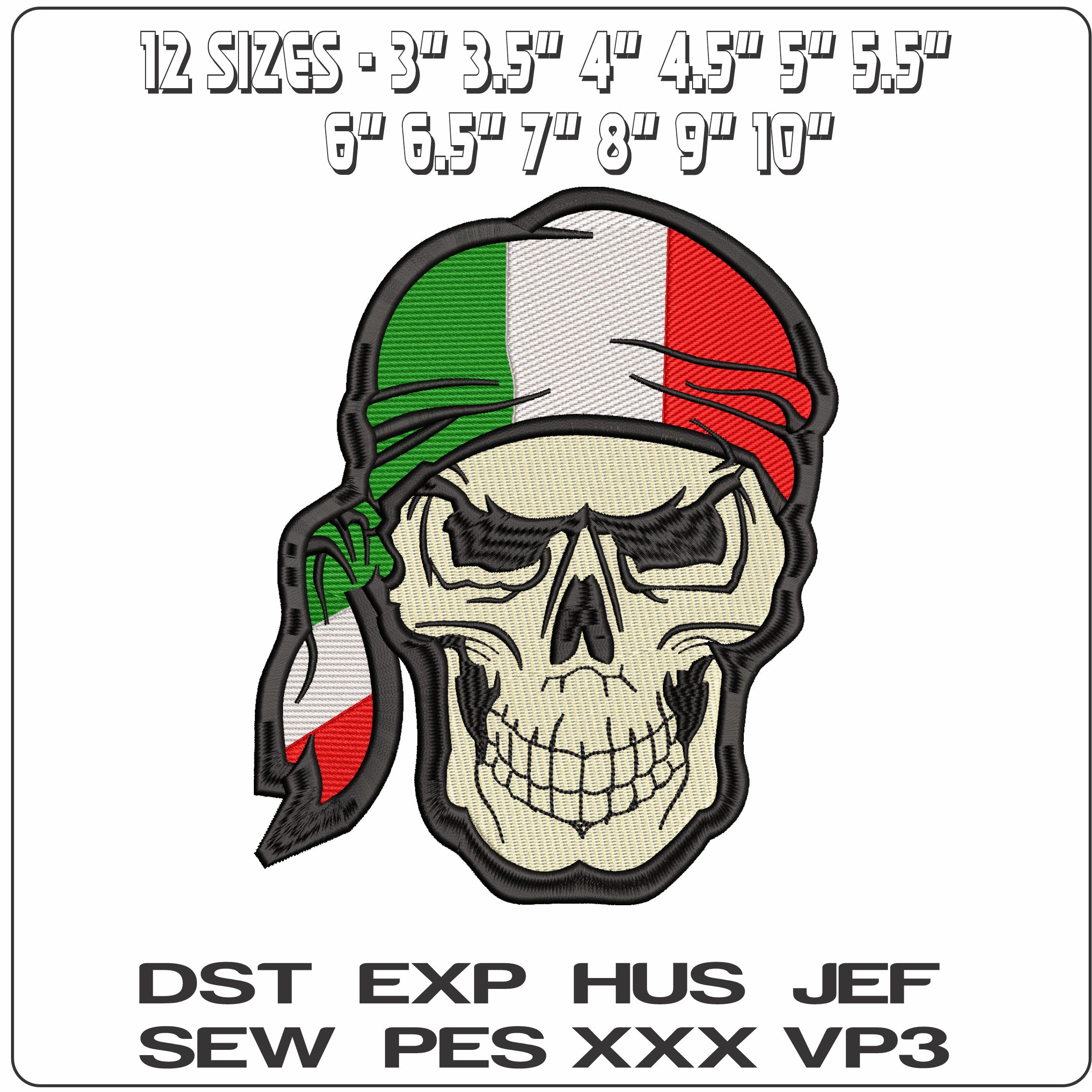 Skull with Tricolor Bandana  - Elegant embroidery design file - instant download — view 2