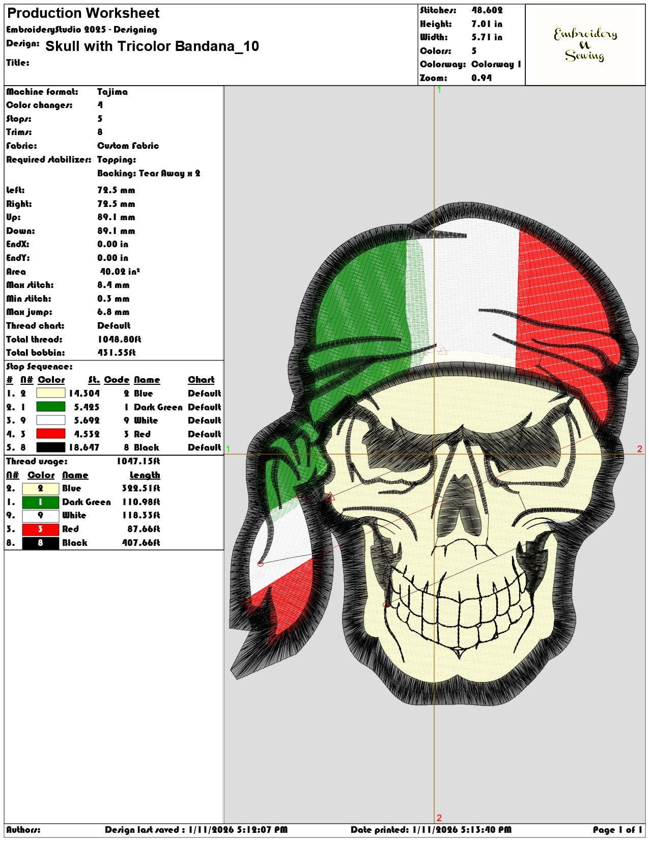 Skull with Tricolor Bandana  - Elegant embroidery design file - instant download — view 3