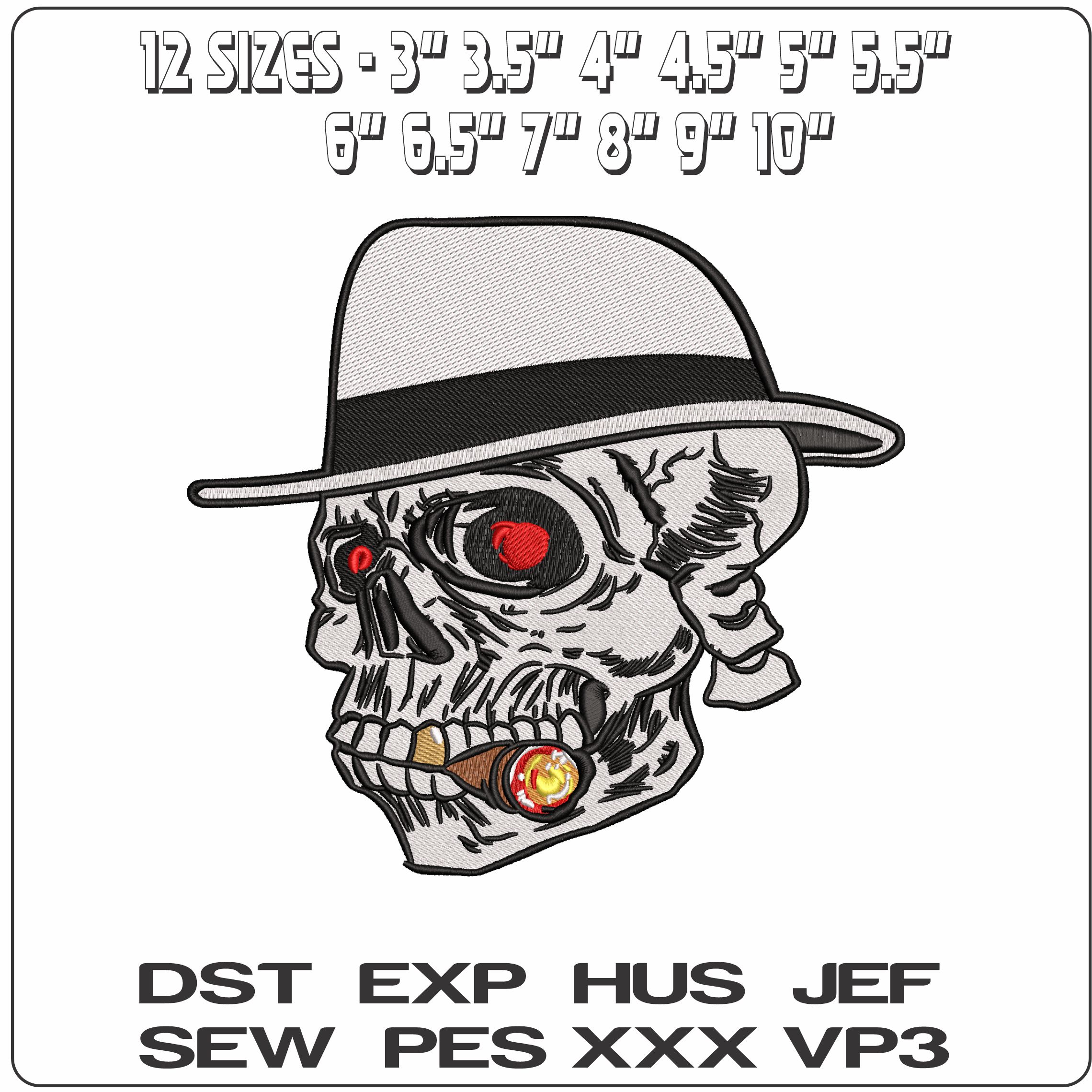 Skull with Trilby and Cigar   - Elegant embroidery design file - instant download — view 2