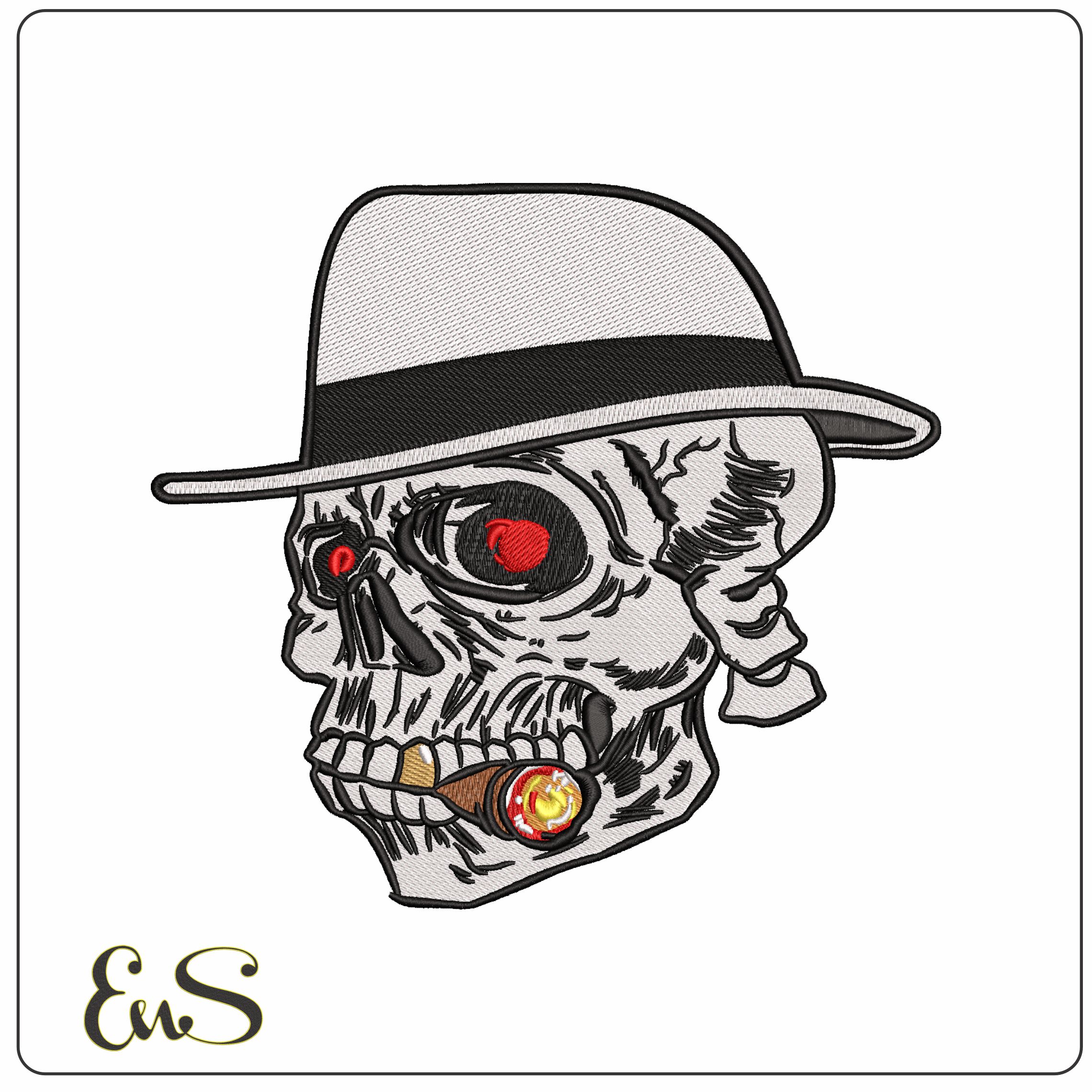 Skull with Trilby and Cigar   - Elegant embroidery design file - instant download