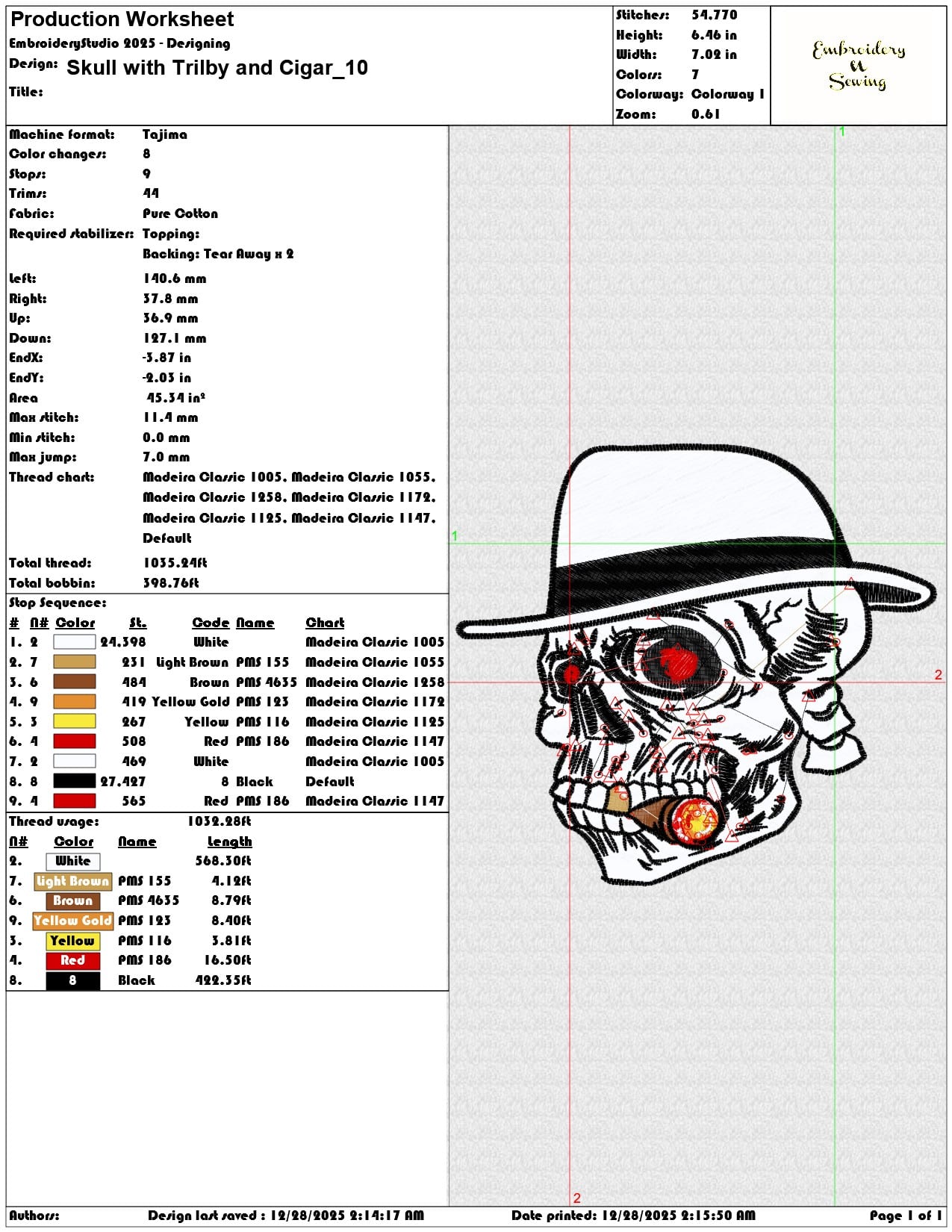 Skull with Trilby and Cigar   - Elegant embroidery design file - instant download — view 3