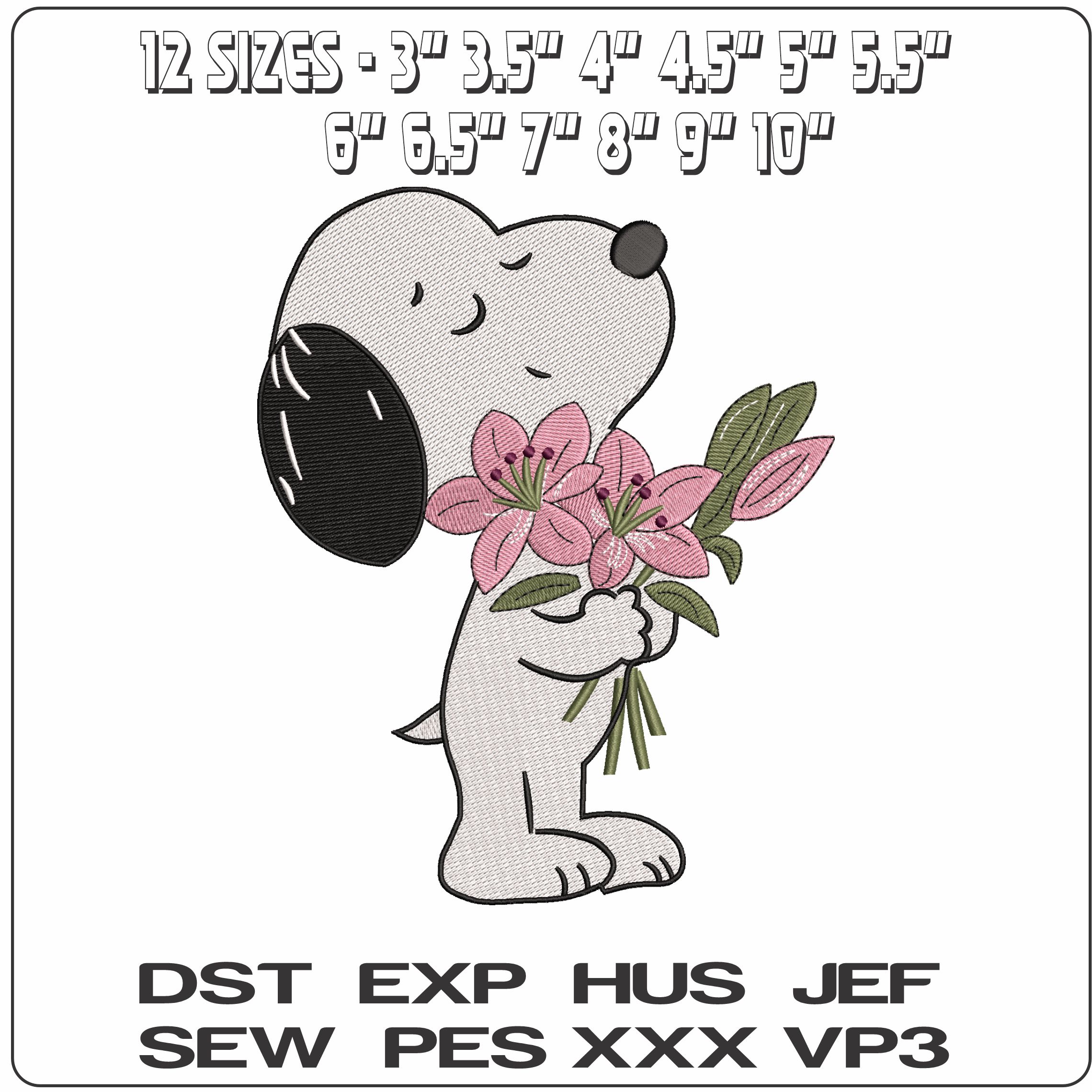 Snoopy Holding Roses   - Elegant embroidery design file - instant download — view 2