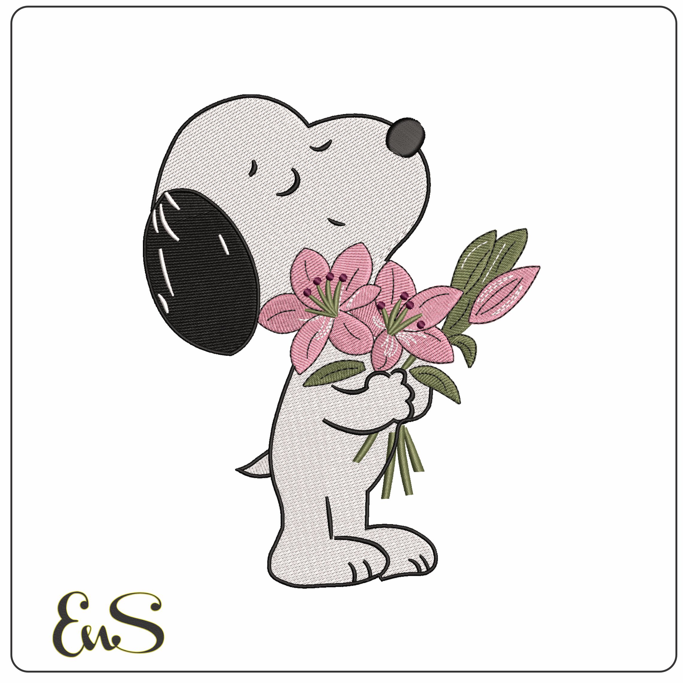Snoopy Holding Roses   - Elegant embroidery design file - instant download