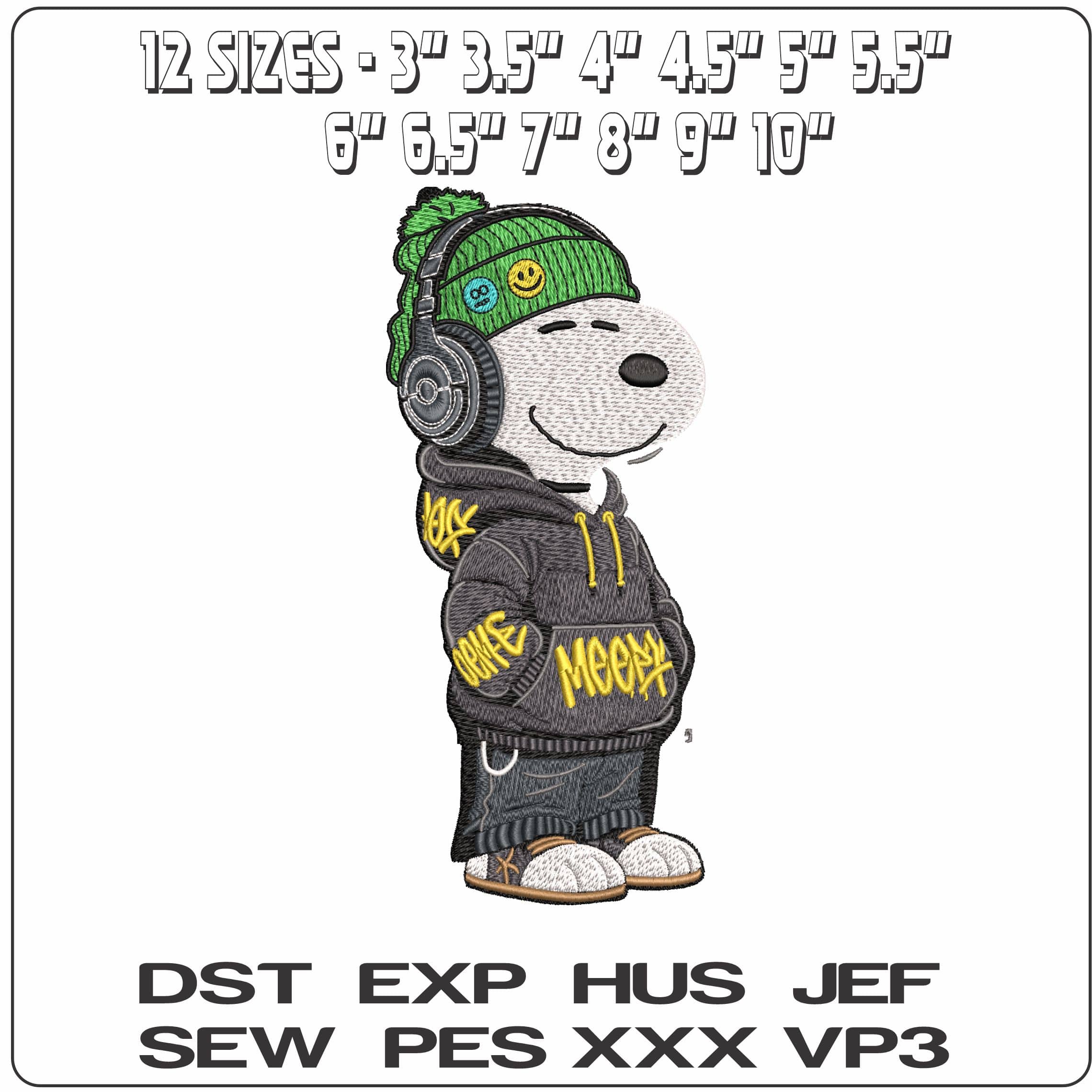Snoopy with HeadPhones and Beanie   - Elegant embroidery design file - instant download — view 2