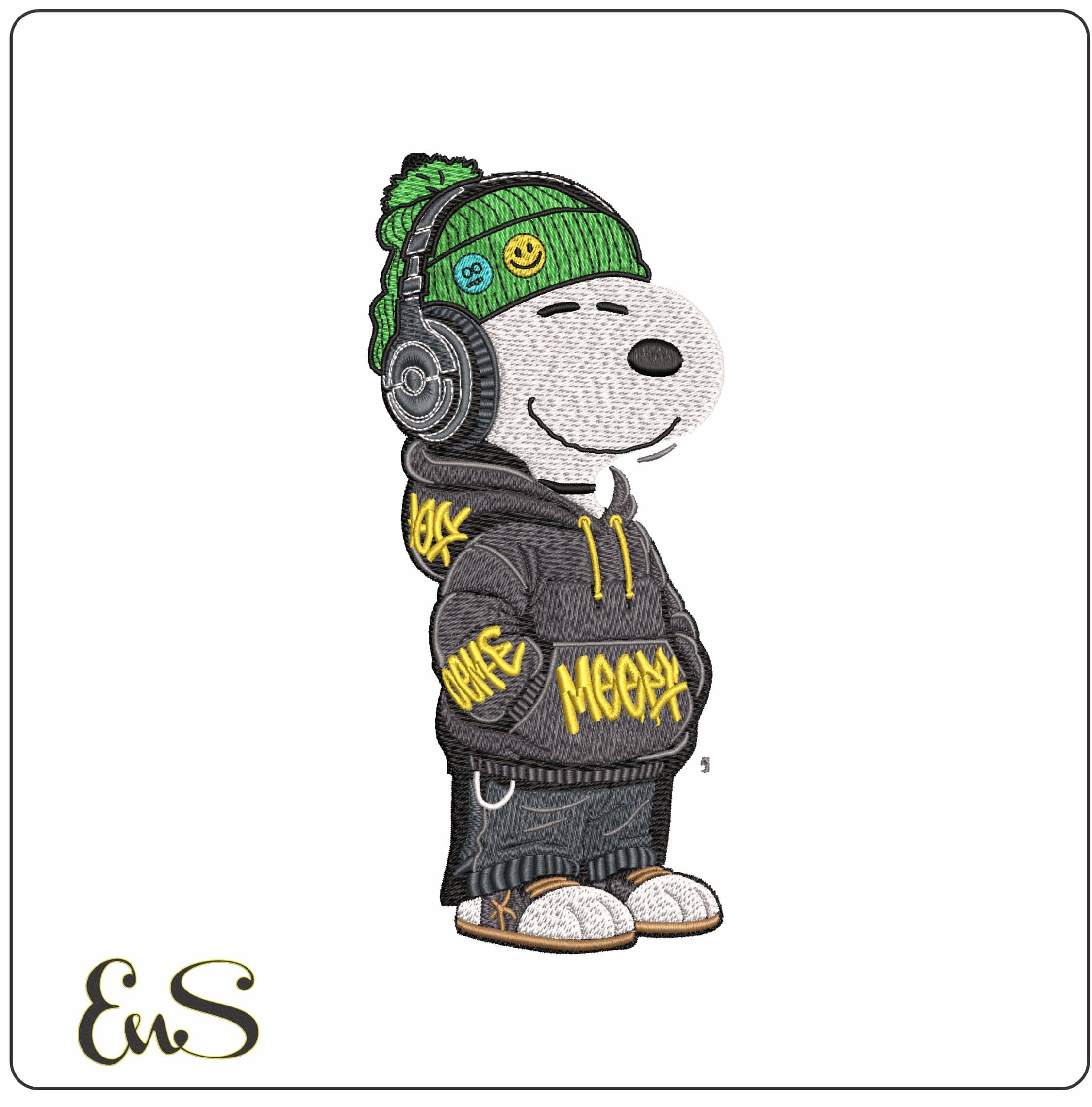 Snoopy with HeadPhones and Beanie   - Elegant embroidery design file - instant download