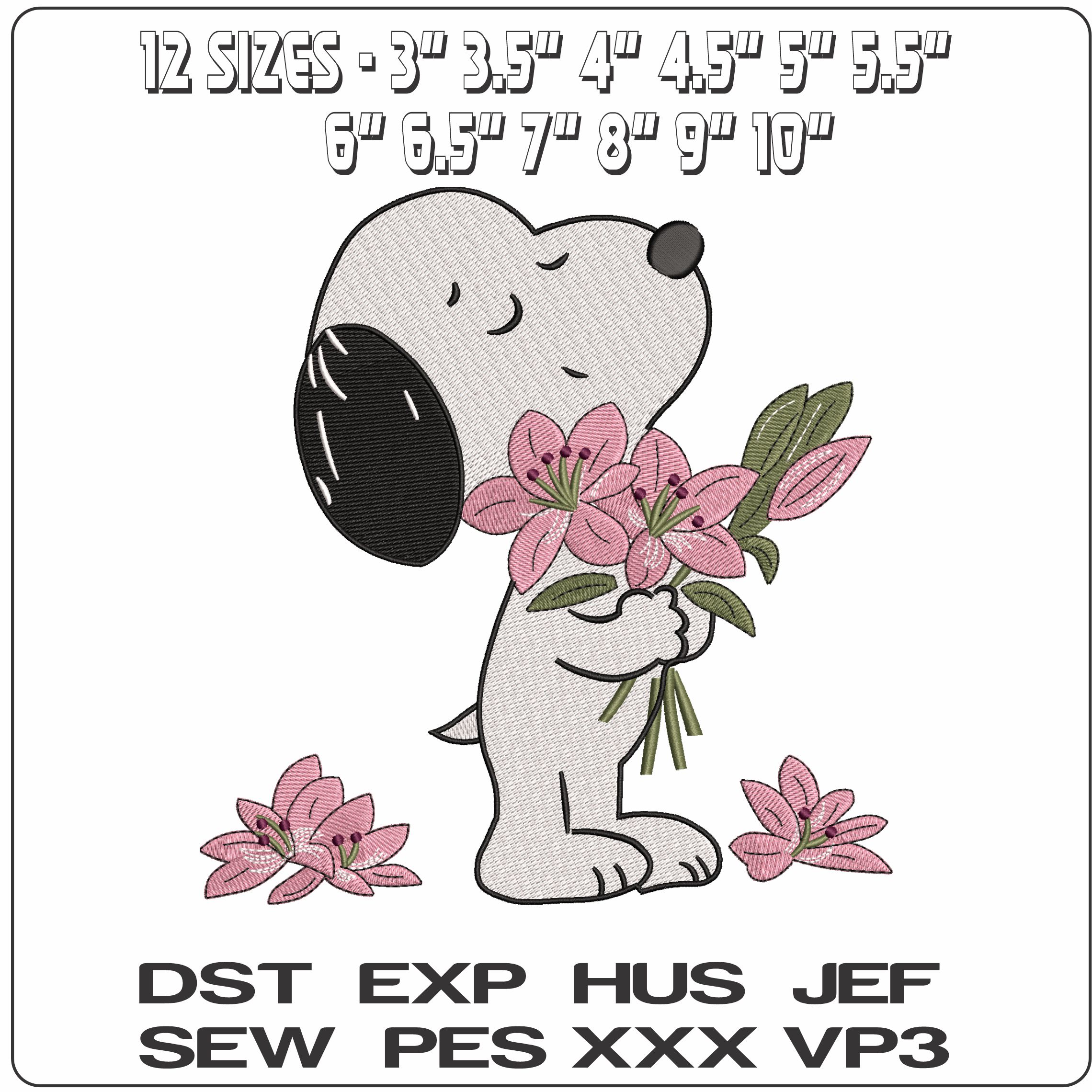 Snoopy with Red Roses   - Elegant embroidery design file - instant download — view 2