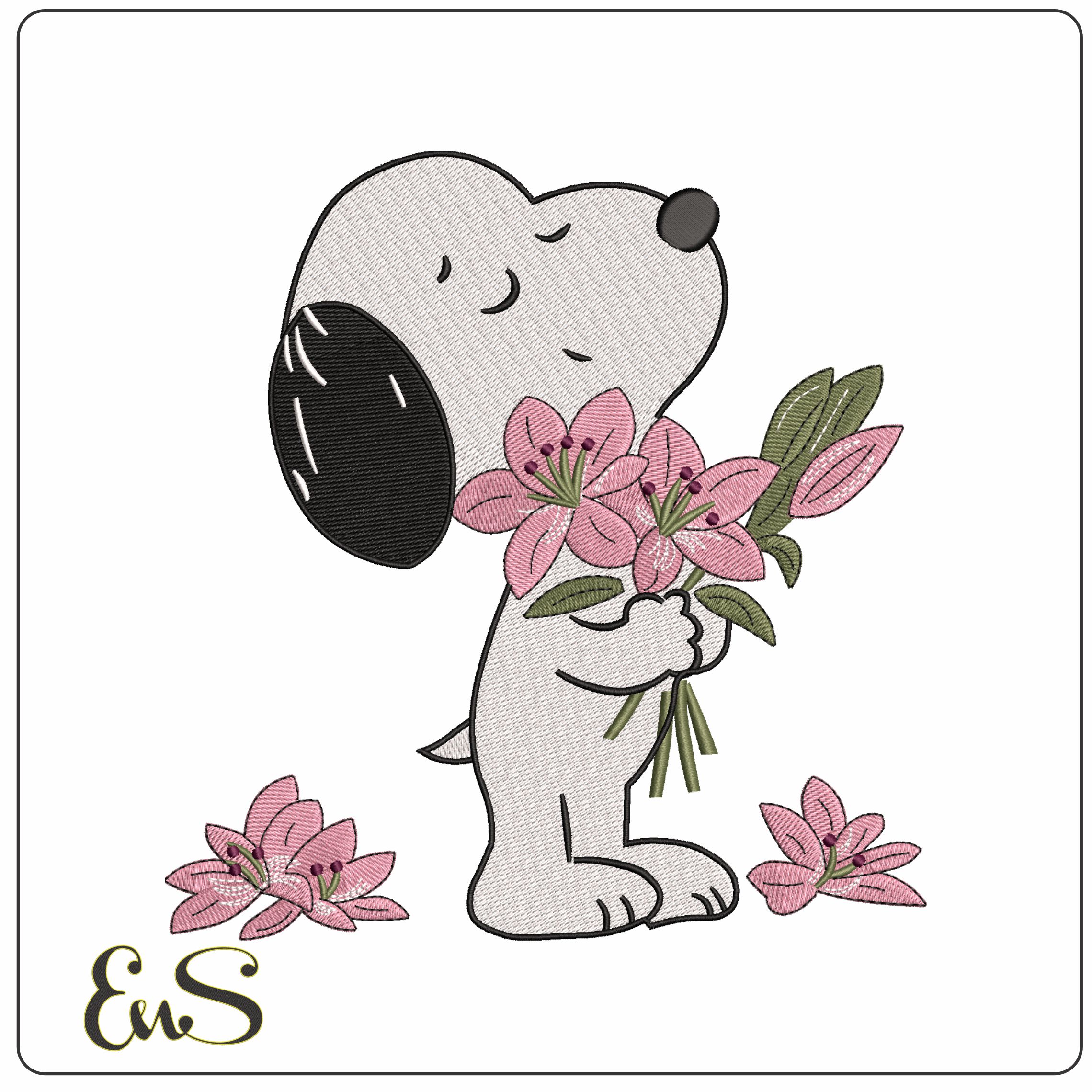 Snoopy with Red Roses   - Elegant embroidery design file - instant download