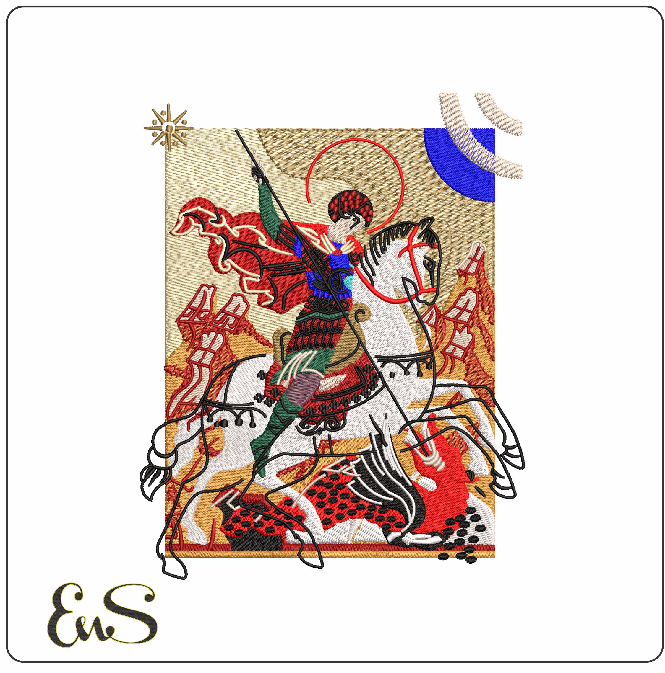St George Slaying Dragon with Background  - Elegant embroidery design file - instant download