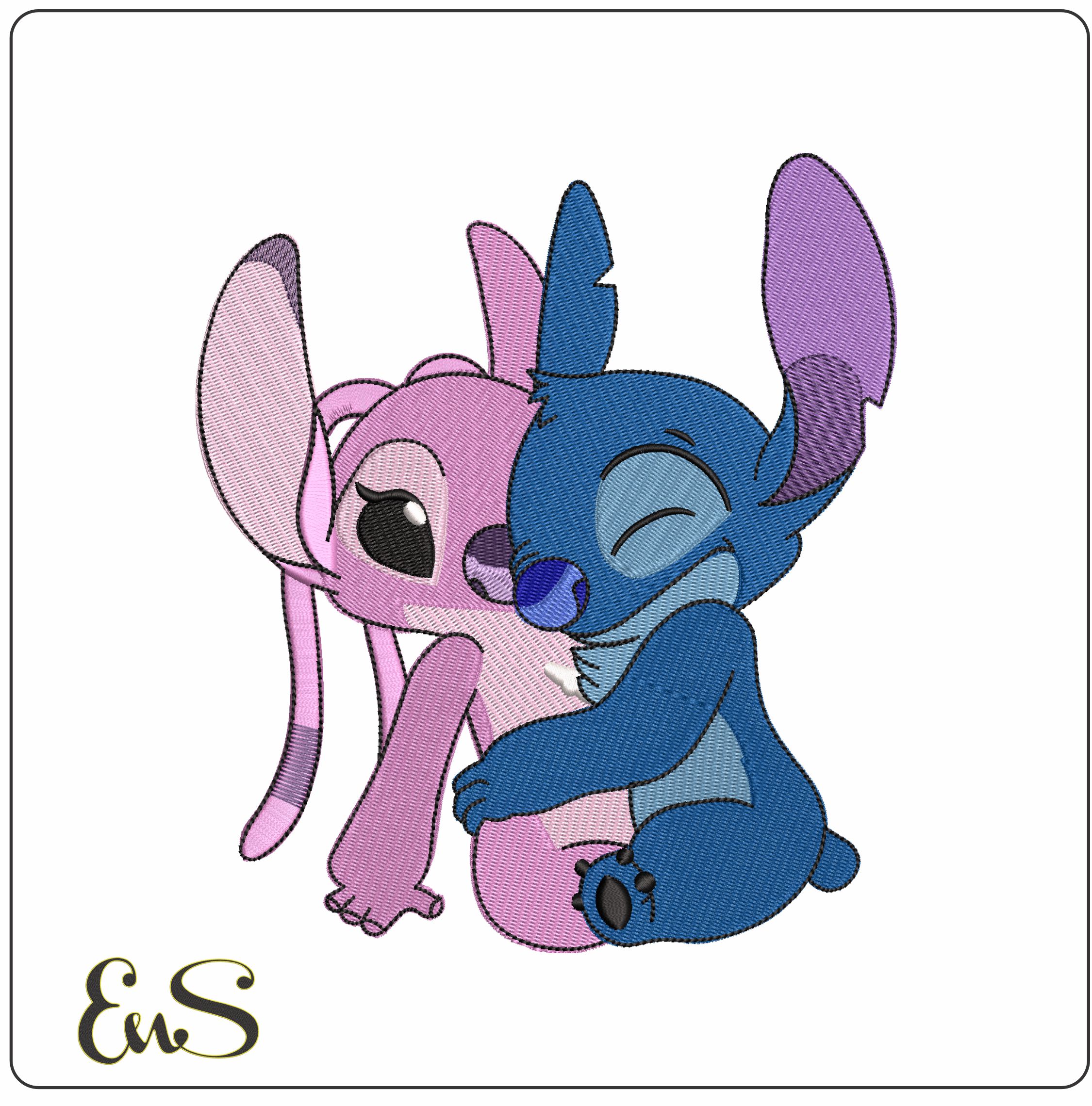 Stitch and Angel Tight Cuddle  - Elegant embroidery design file - instant download