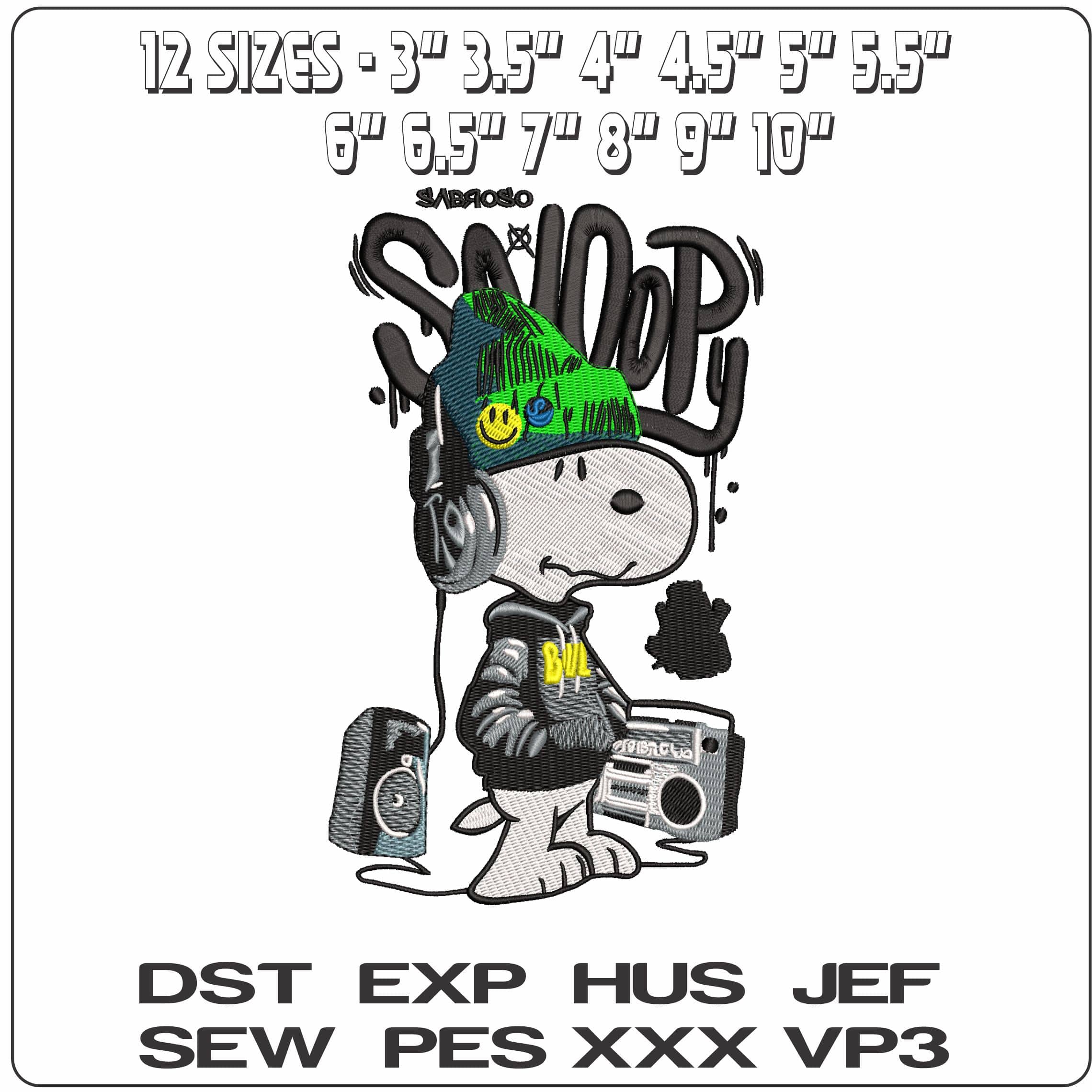 Street Snoopy with Speaker headphone and Name  - Elegant embroidery design file - instant download — view 2