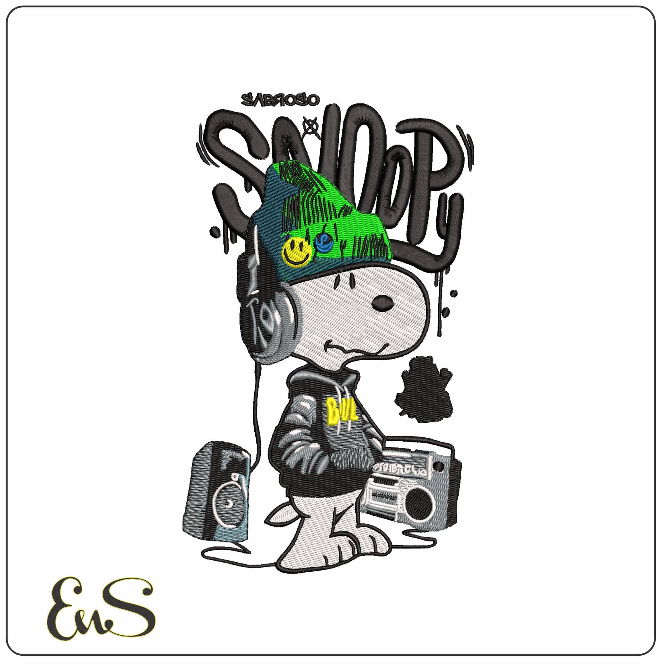 Street Snoopy with Speaker headphone and Name  - Elegant embroidery design file - instant download