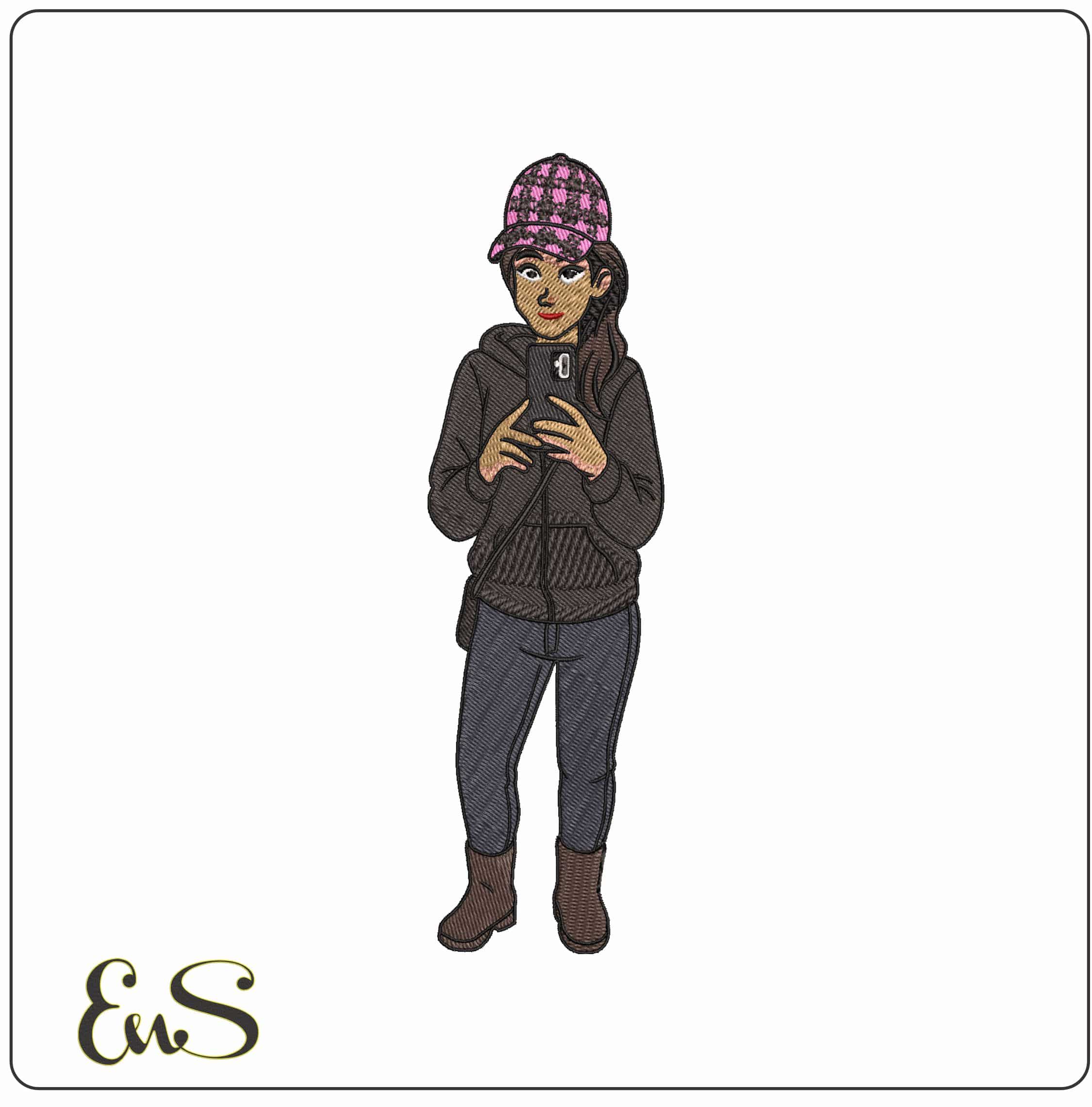 Stylish Asian girl taking Selfie  - Elegant embroidery design file - instant download