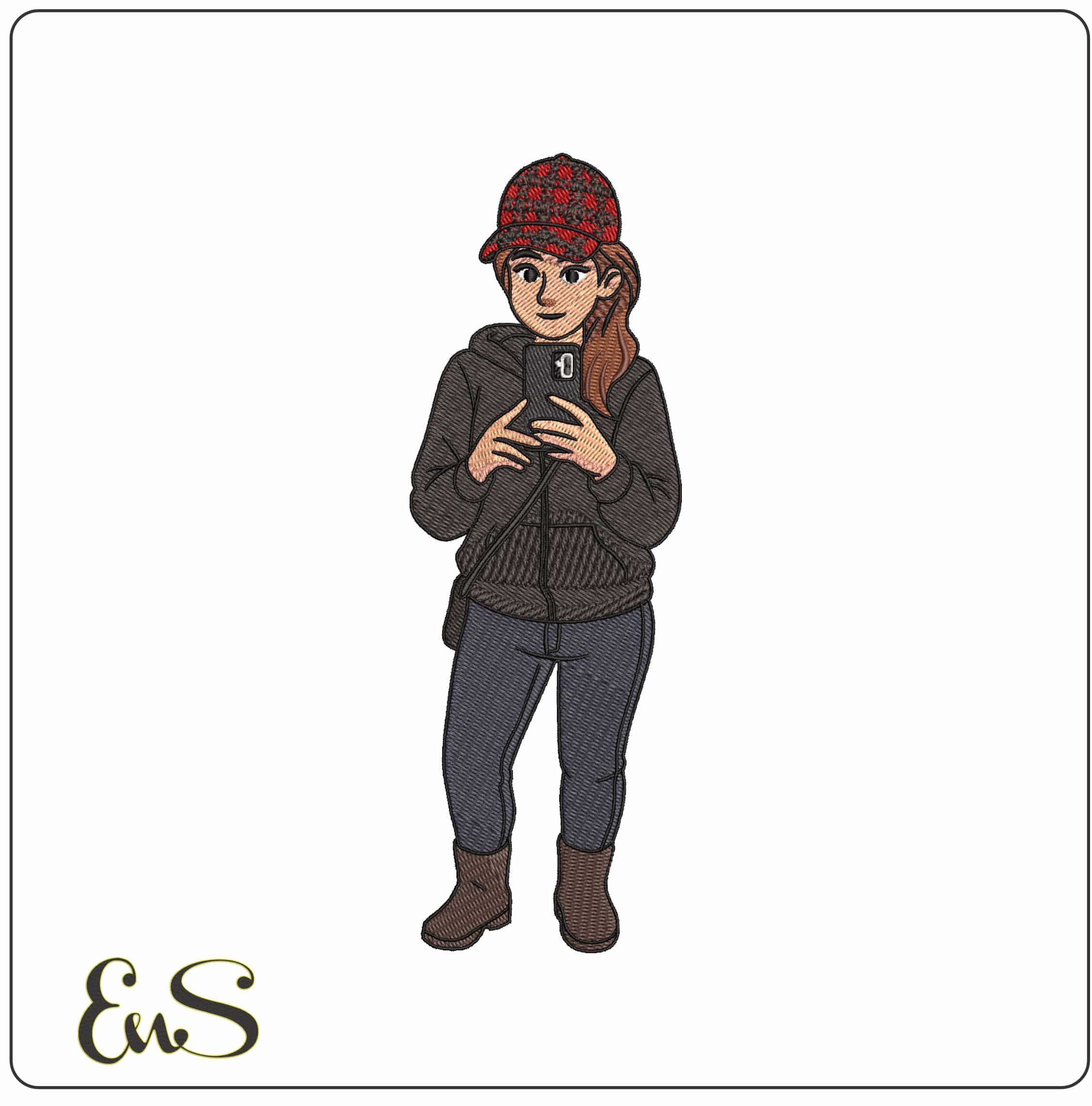 Stylish white girl taking Selfie  - Elegant embroidery design file - instant download