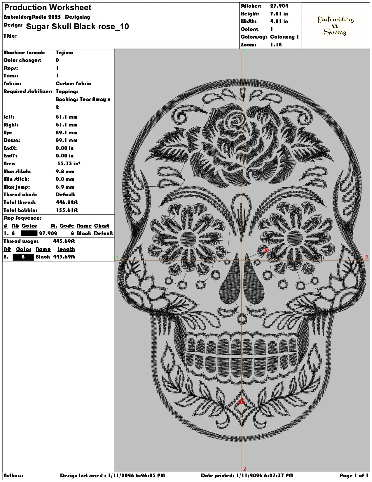 Sugar Skull Black rose  - Elegant embroidery design file - instant download — view 3