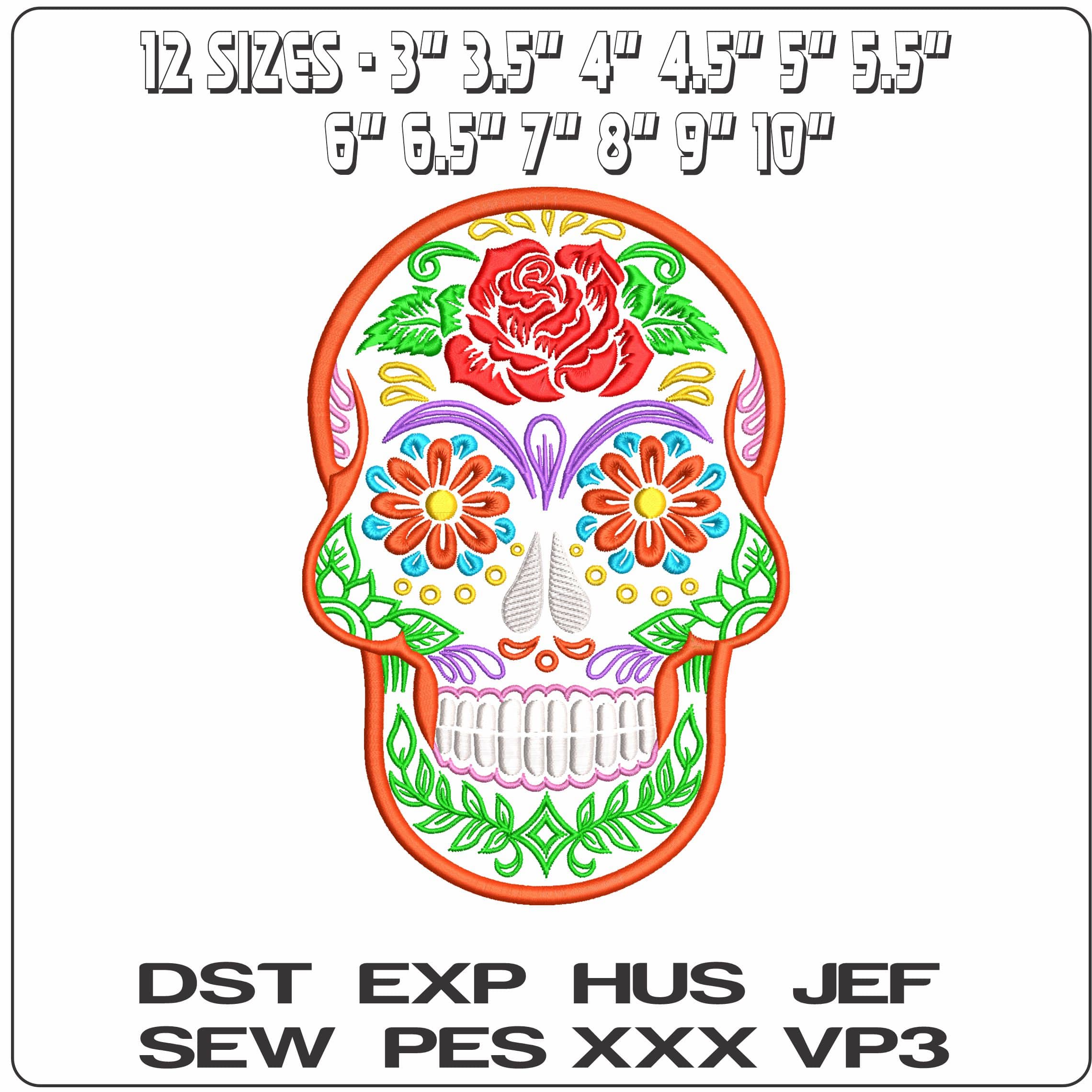 Sugar Skull colorful with red rose  - Elegant embroidery design file - instant download — view 2