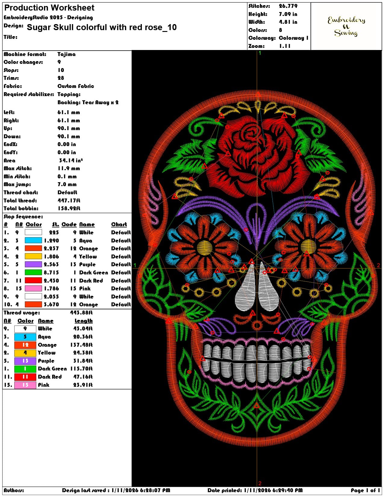Sugar Skull colorful with red rose  - Elegant embroidery design file - instant download — view 3