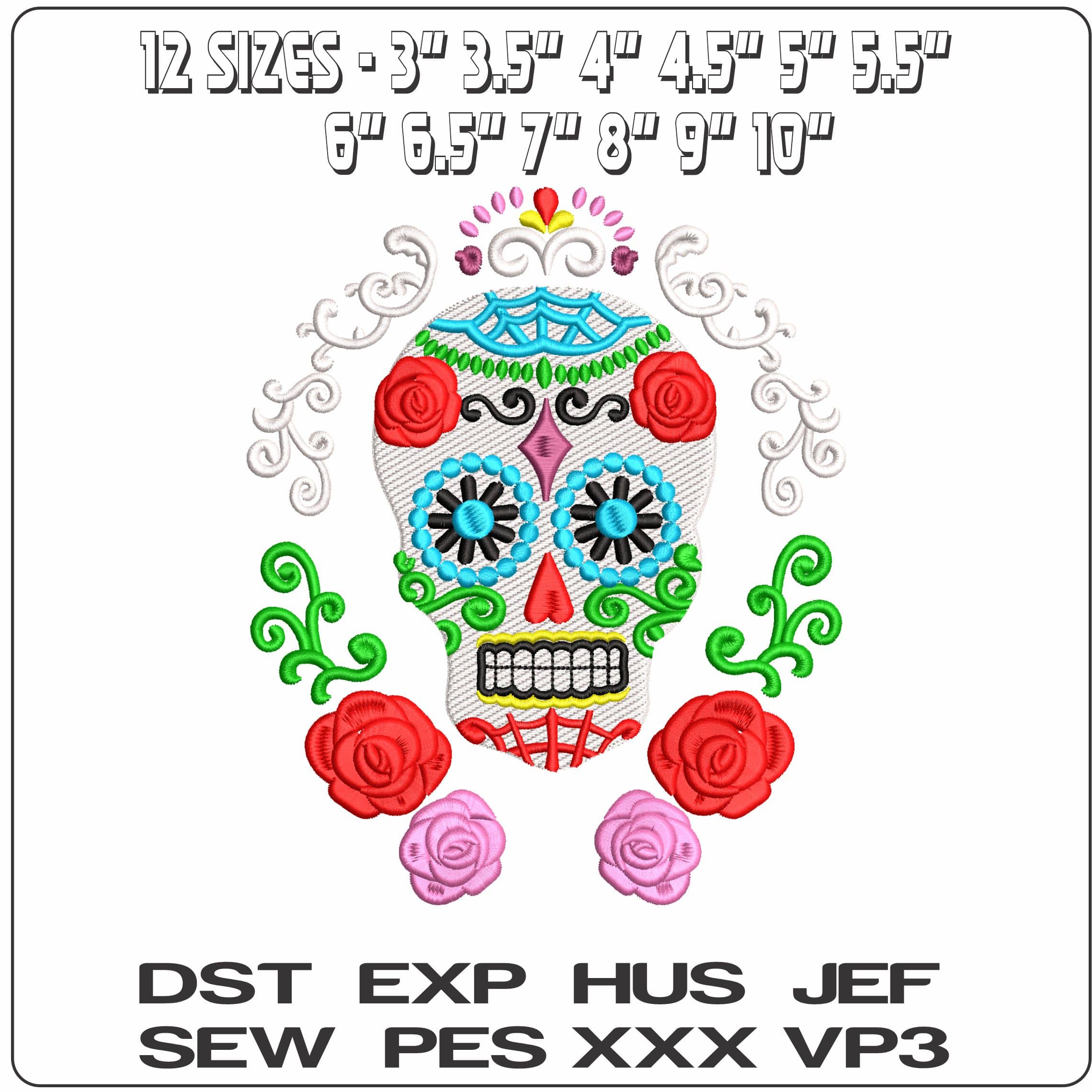 Sugar Skull Day of the Dead with Flowers  - Elegant embroidery design file - instant download — view 2