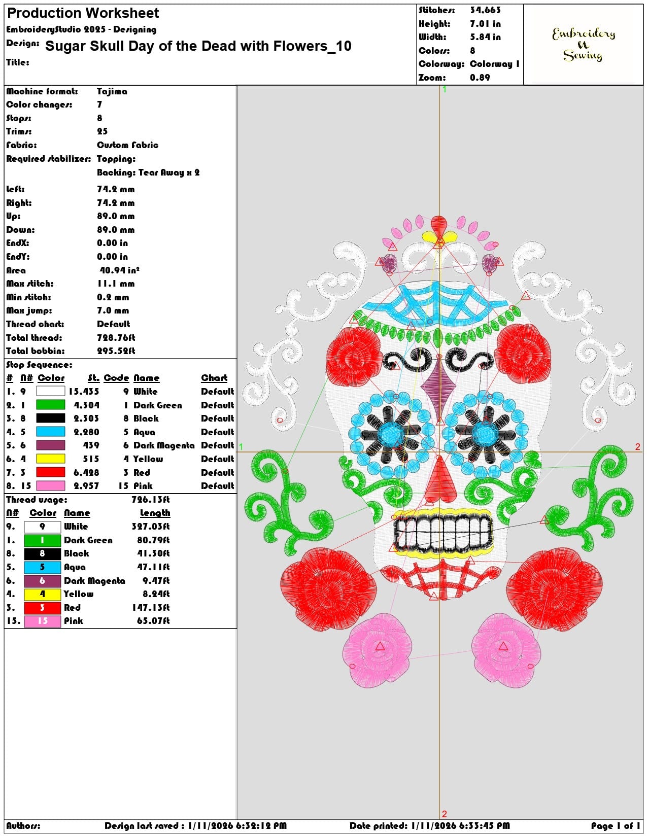 Sugar Skull Day of the Dead with Flowers  - Elegant embroidery design file - instant download — view 3