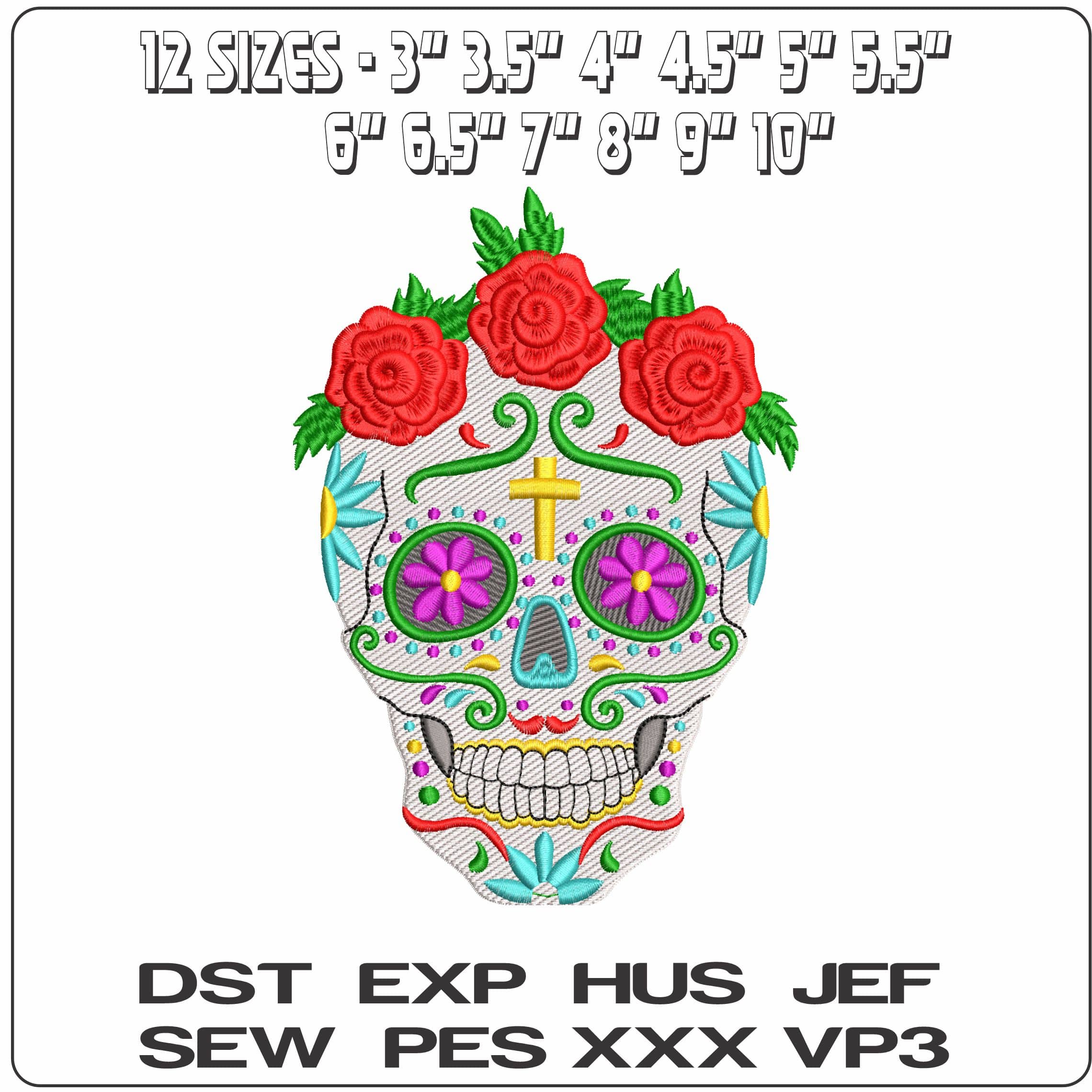 Sugar Skull Day of the Dead with Flowers and Cross  - Elegant embroidery design file - instant download — view 2