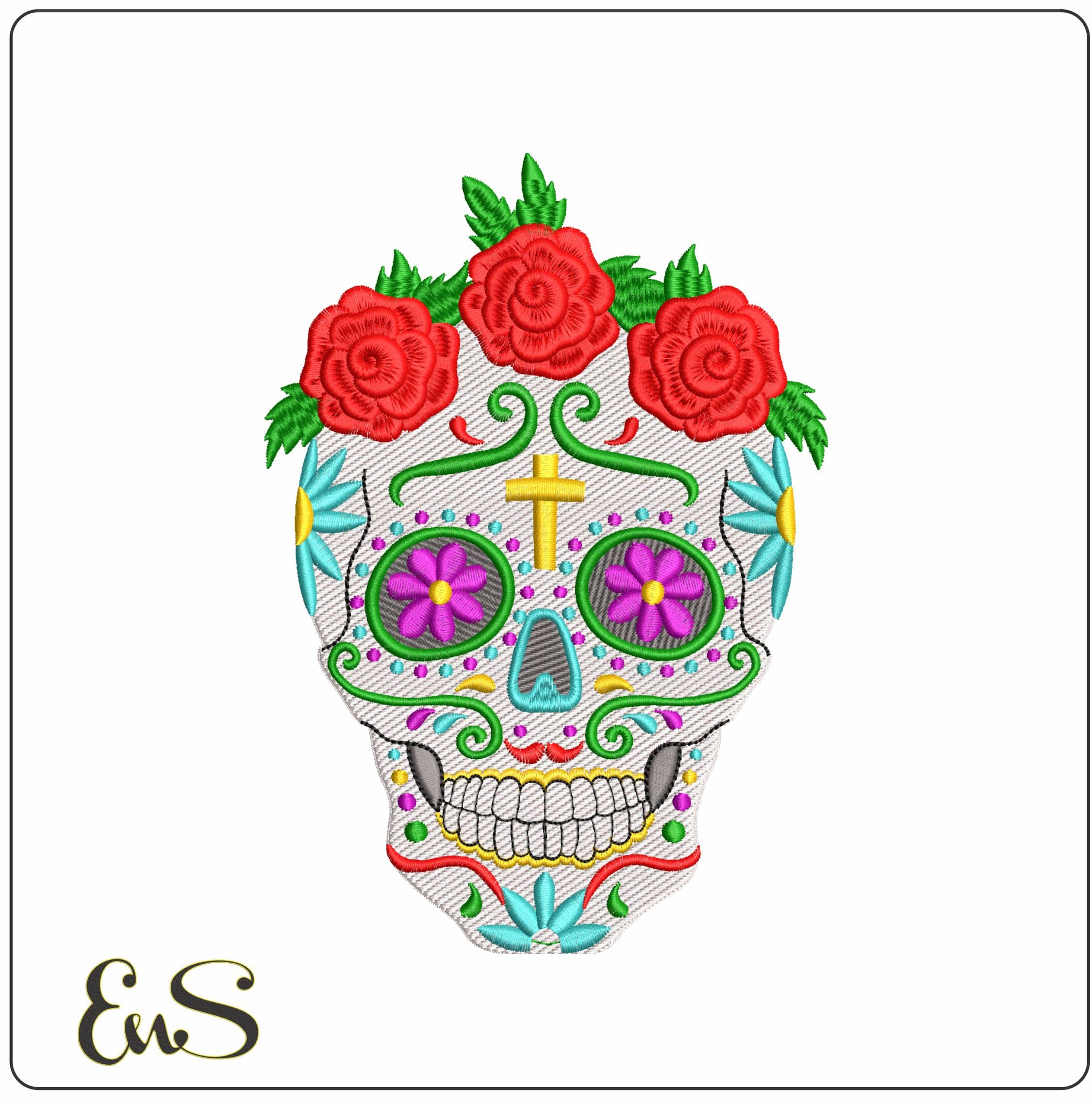 Sugar Skull Day of the Dead with Flowers and Cross  - Elegant embroidery design file - instant download